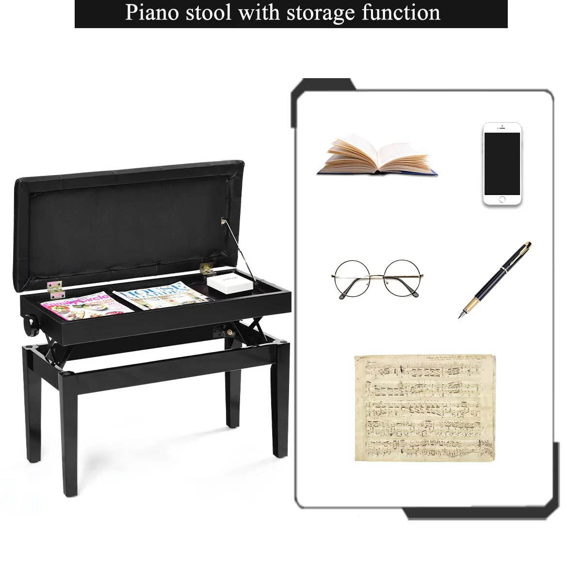 HONEY JOY Kids Piano Stool, Height-Adjustable Piano Bench w/Double Seat for 2 People, Solid Wood & PU Leather Piano Seat - Image 6