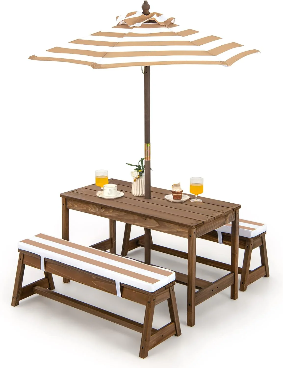 HONEY JOY Kids Picnic Table Bench Set, Wooden Kids Outdoor Furniture with Umbrella, Sponge Cushions - Image 10