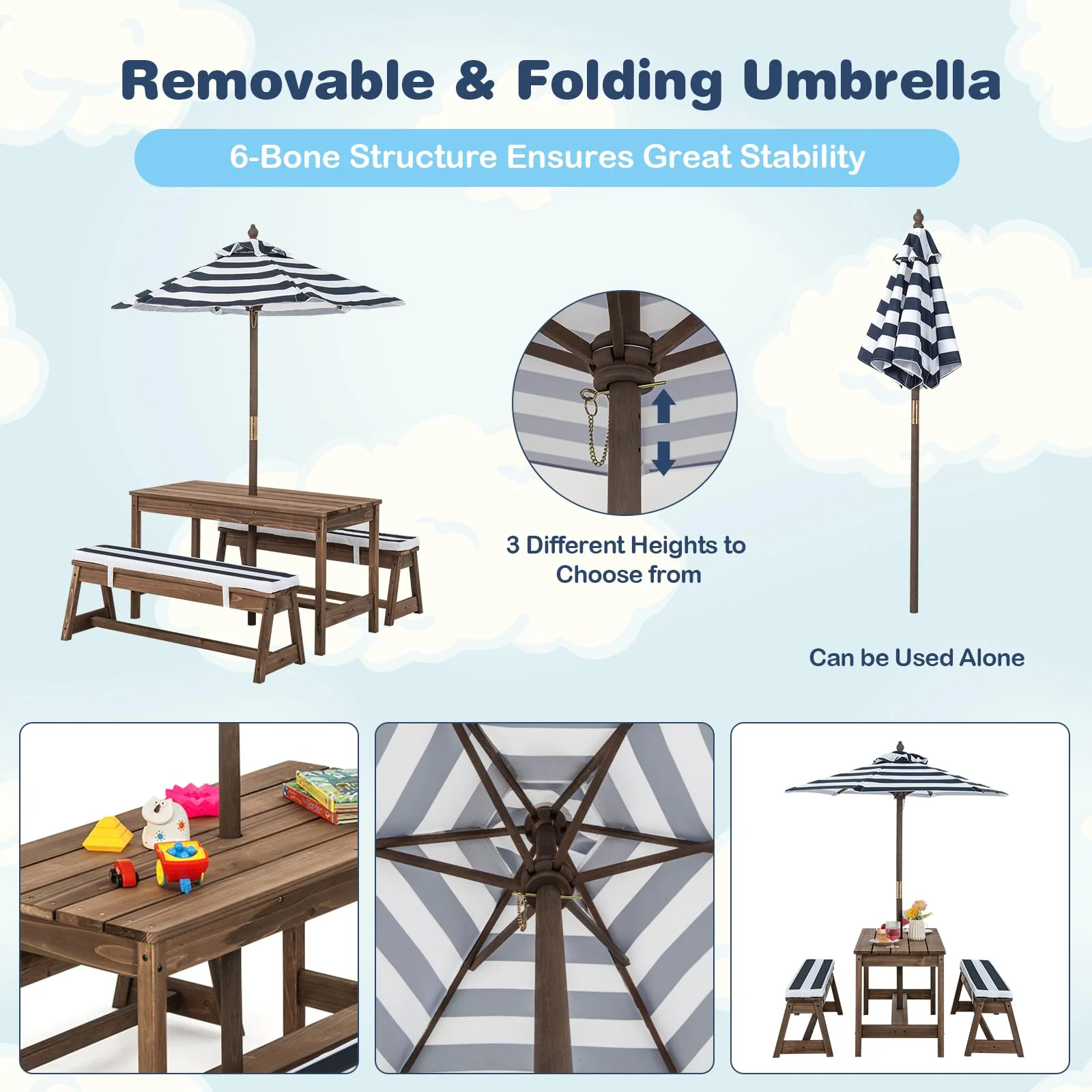 HONEY JOY Kids Picnic Table Bench Set, Wooden Kids Outdoor Furniture with Umbrella, Sponge Cushions - Image 3