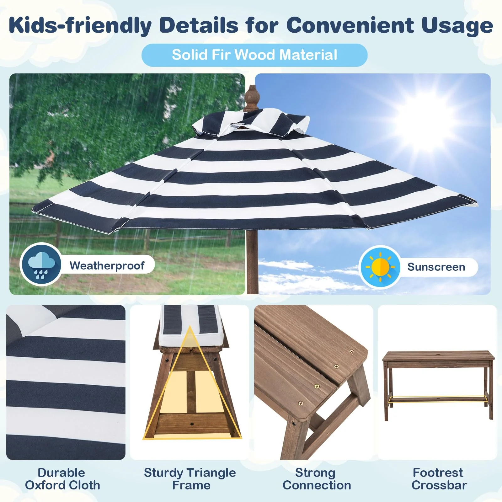 HONEY JOY Kids Picnic Table Bench Set, Wooden Kids Outdoor Furniture with Umbrella, Sponge Cushions - Image 4