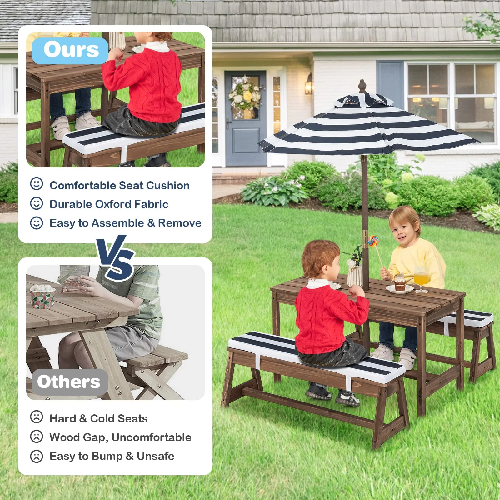 HONEY JOY Kids Picnic Table Bench Set, Wooden Kids Outdoor Furniture with Umbrella, Sponge Cushions - Image 5