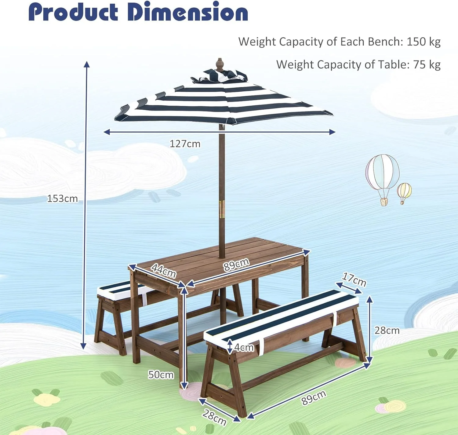 HONEY JOY Kids Picnic Table Bench Set, Wooden Kids Outdoor Furniture with Umbrella, Sponge Cushions - Image 6