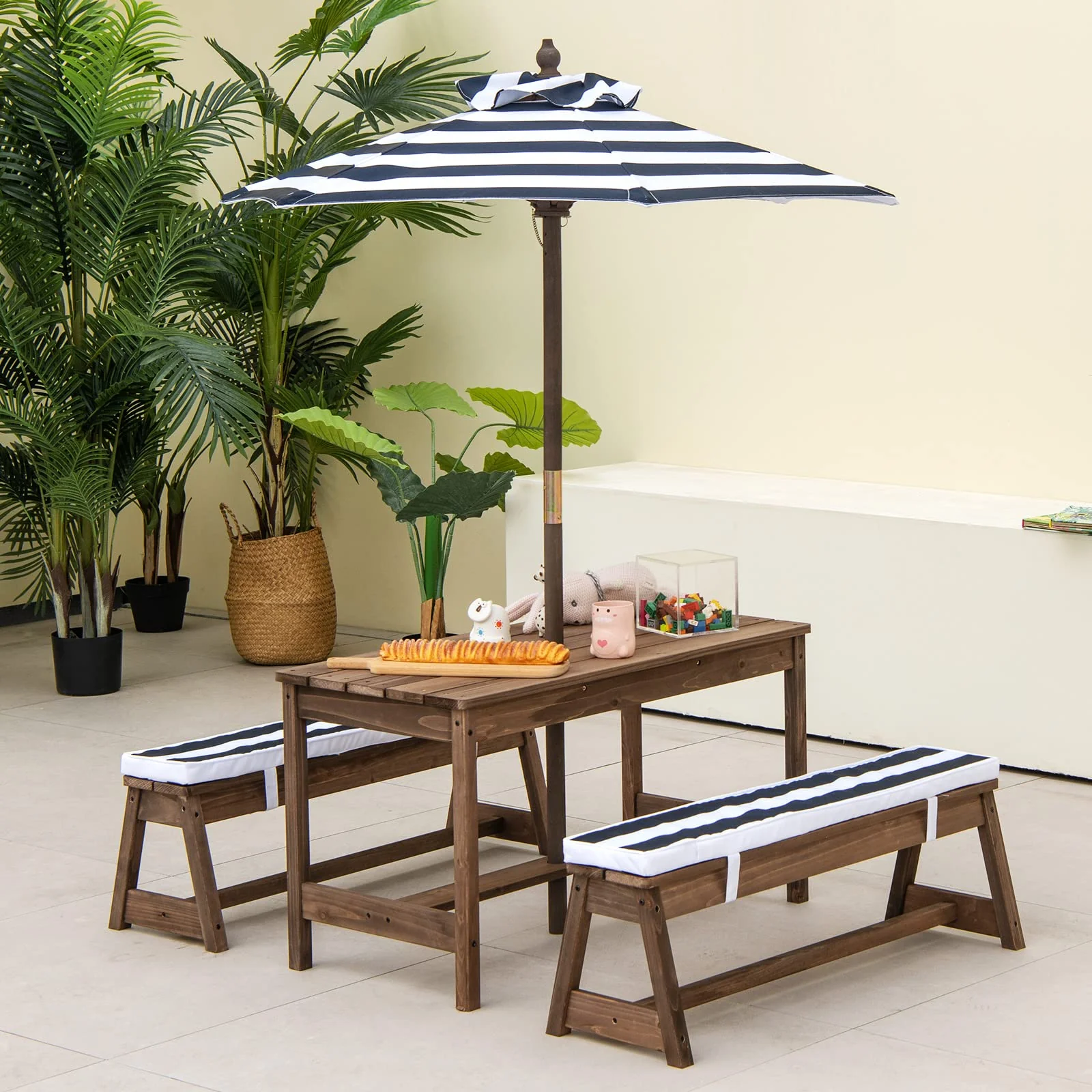 HONEY JOY Kids Picnic Table Bench Set, Wooden Kids Outdoor Furniture with Umbrella, Sponge Cushions - Image 7