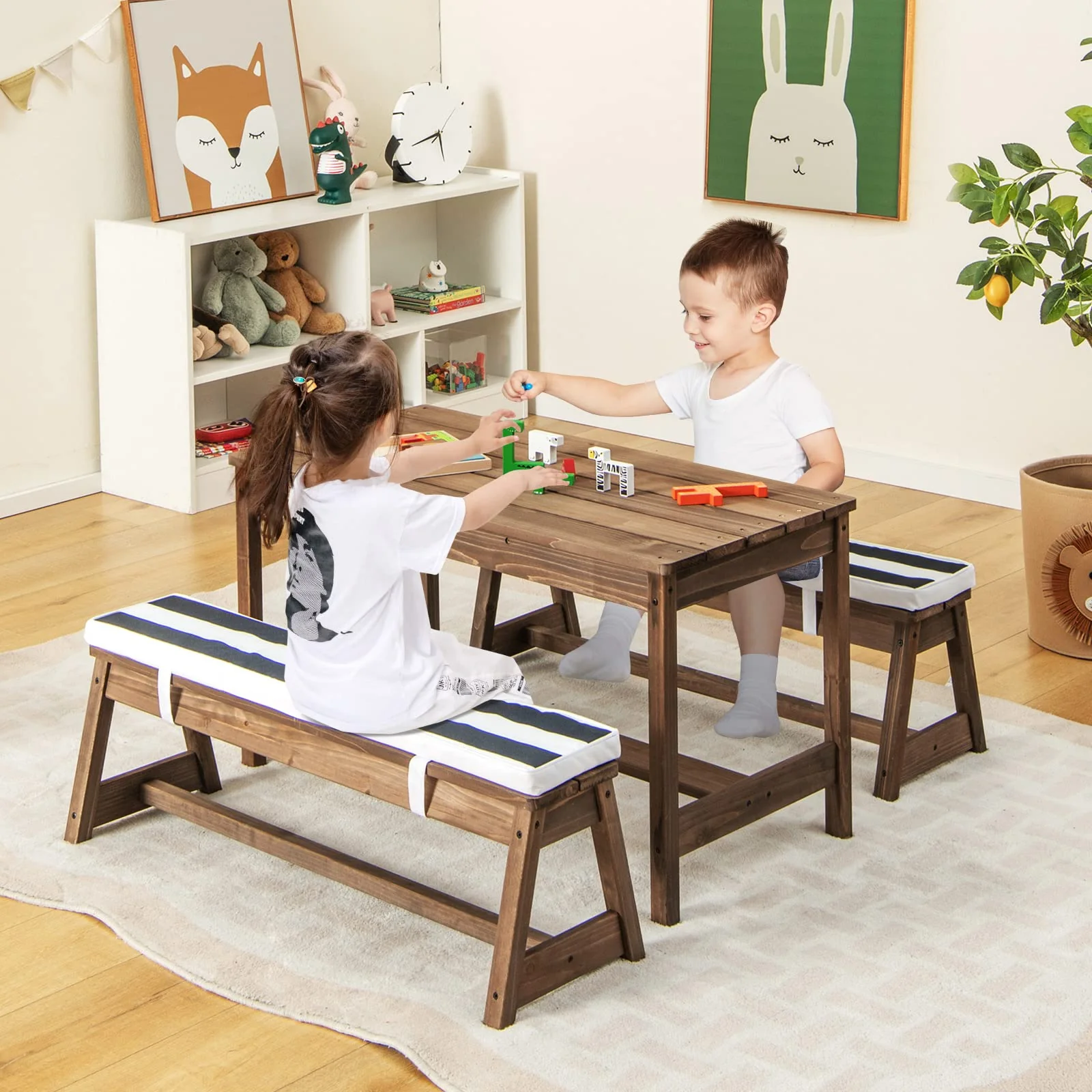 HONEY JOY Kids Picnic Table Bench Set, Wooden Kids Outdoor Furniture with Umbrella, Sponge Cushions - Image 8