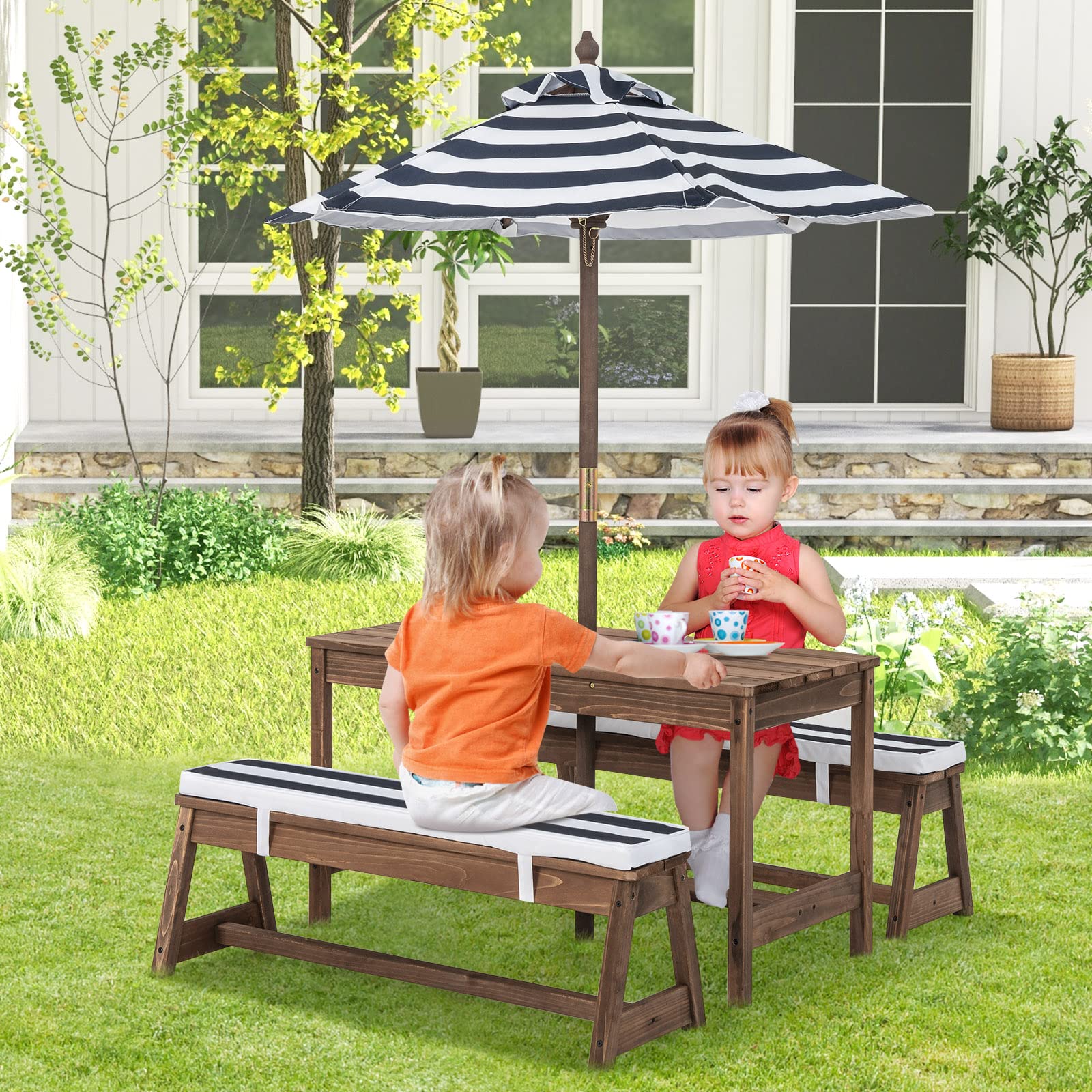 HONEY JOY Kids Picnic Table Bench Set, Wooden Kids Outdoor Furniture with Umbrella, Sponge Cushions - Image 9