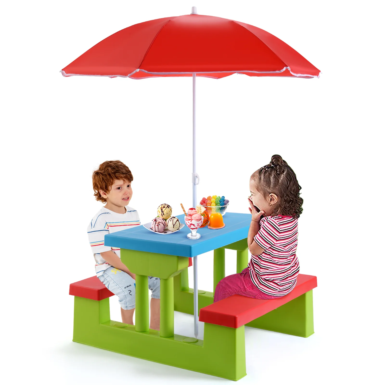 HONEY JOY Kids Picnic Table Set, Table Bench Set for Toddlers w/Removable Umbrella - Image 10