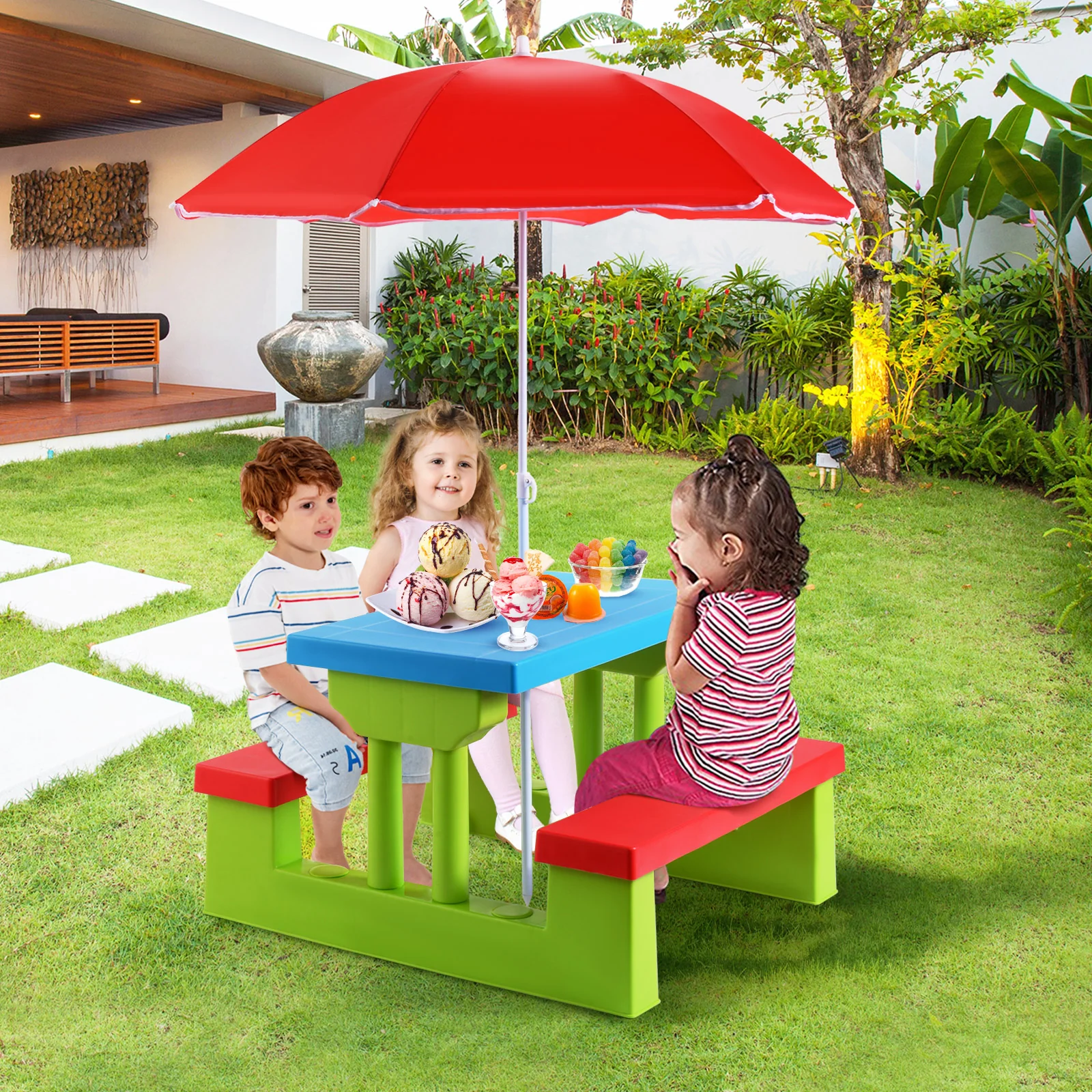HONEY JOY Kids Picnic Table Set, Table Bench Set for Toddlers w/Removable Umbrella - Image 11