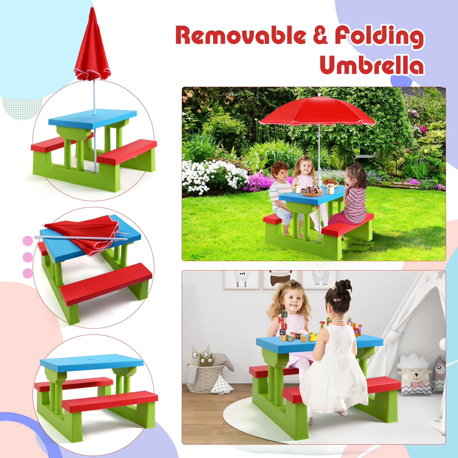 HONEY JOY Kids Picnic Table Set, Table Bench Set for Toddlers w/Removable Umbrella - Image 12