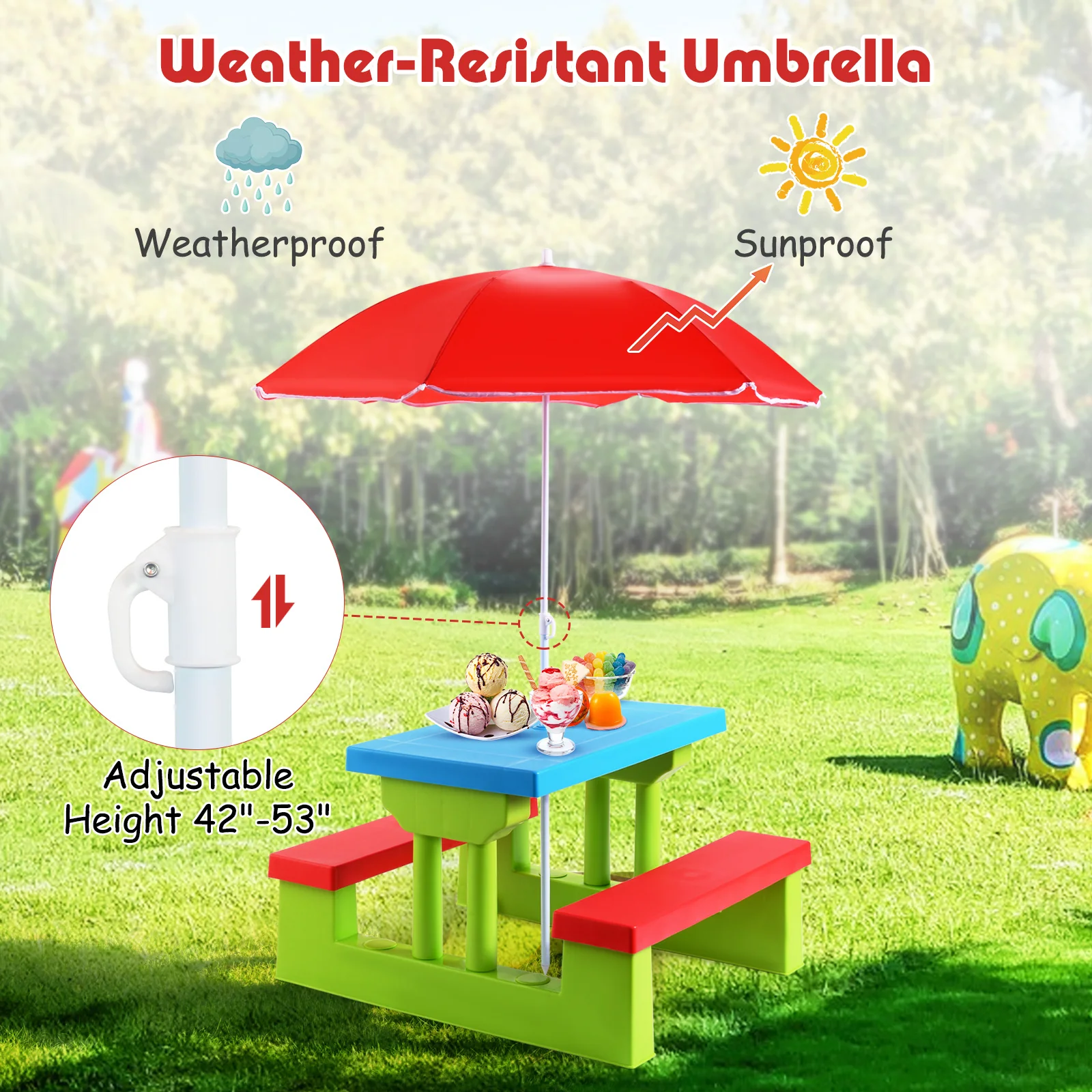 HONEY JOY Kids Picnic Table Set, Table Bench Set for Toddlers w/Removable Umbrella - Image 13