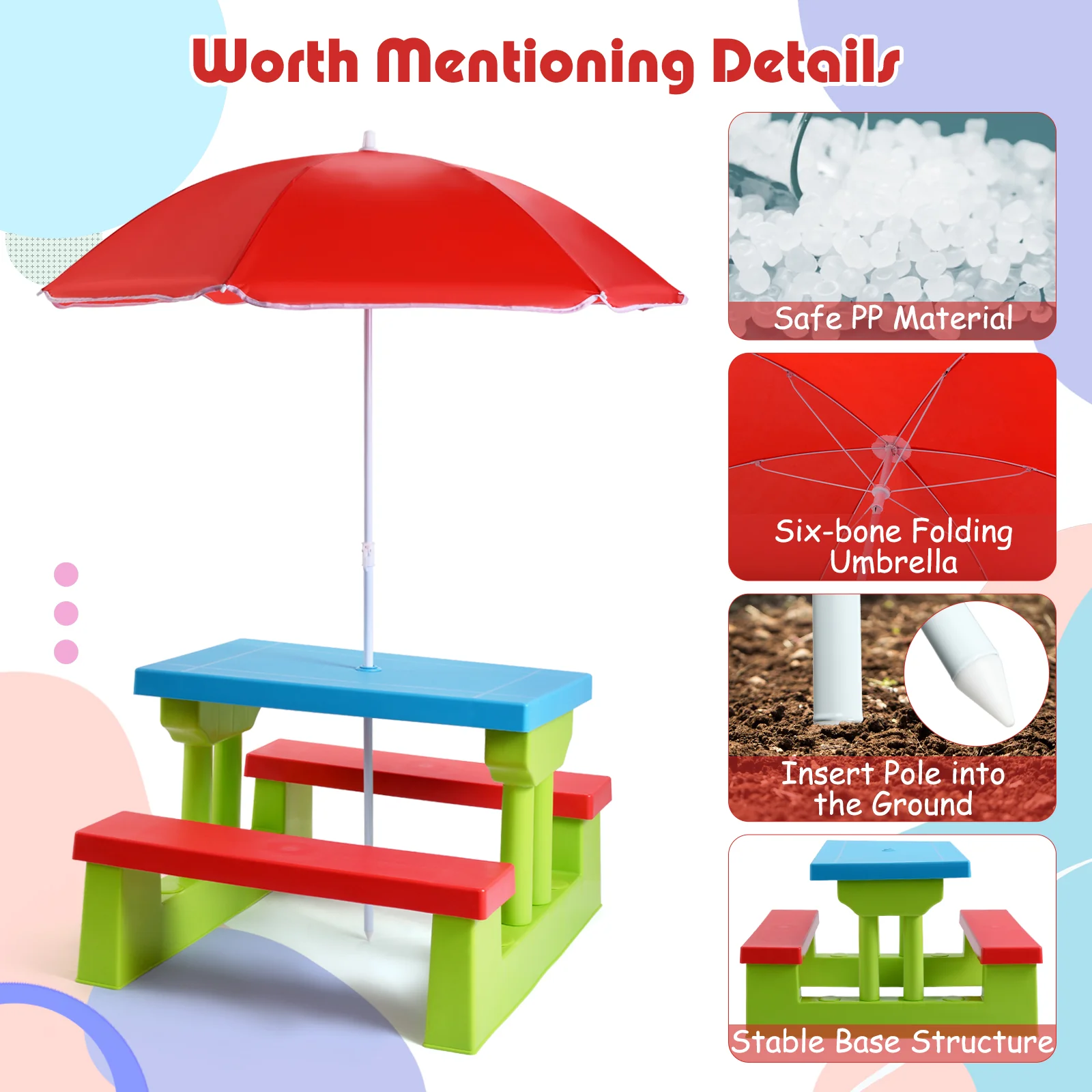 HONEY JOY Kids Picnic Table Set, Table Bench Set for Toddlers w/Removable Umbrella - Image 14