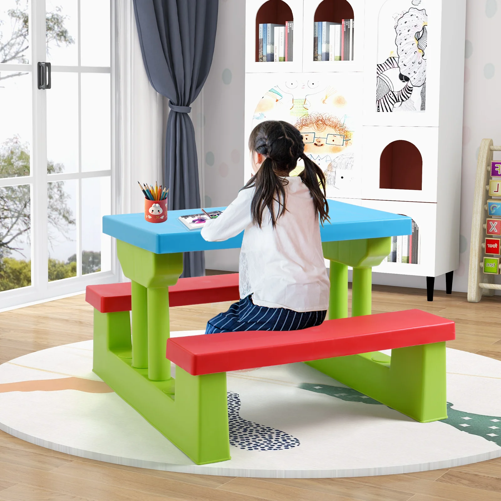 HONEY JOY Kids Picnic Table Set, Table Bench Set for Toddlers w/Removable Umbrella - Image 15