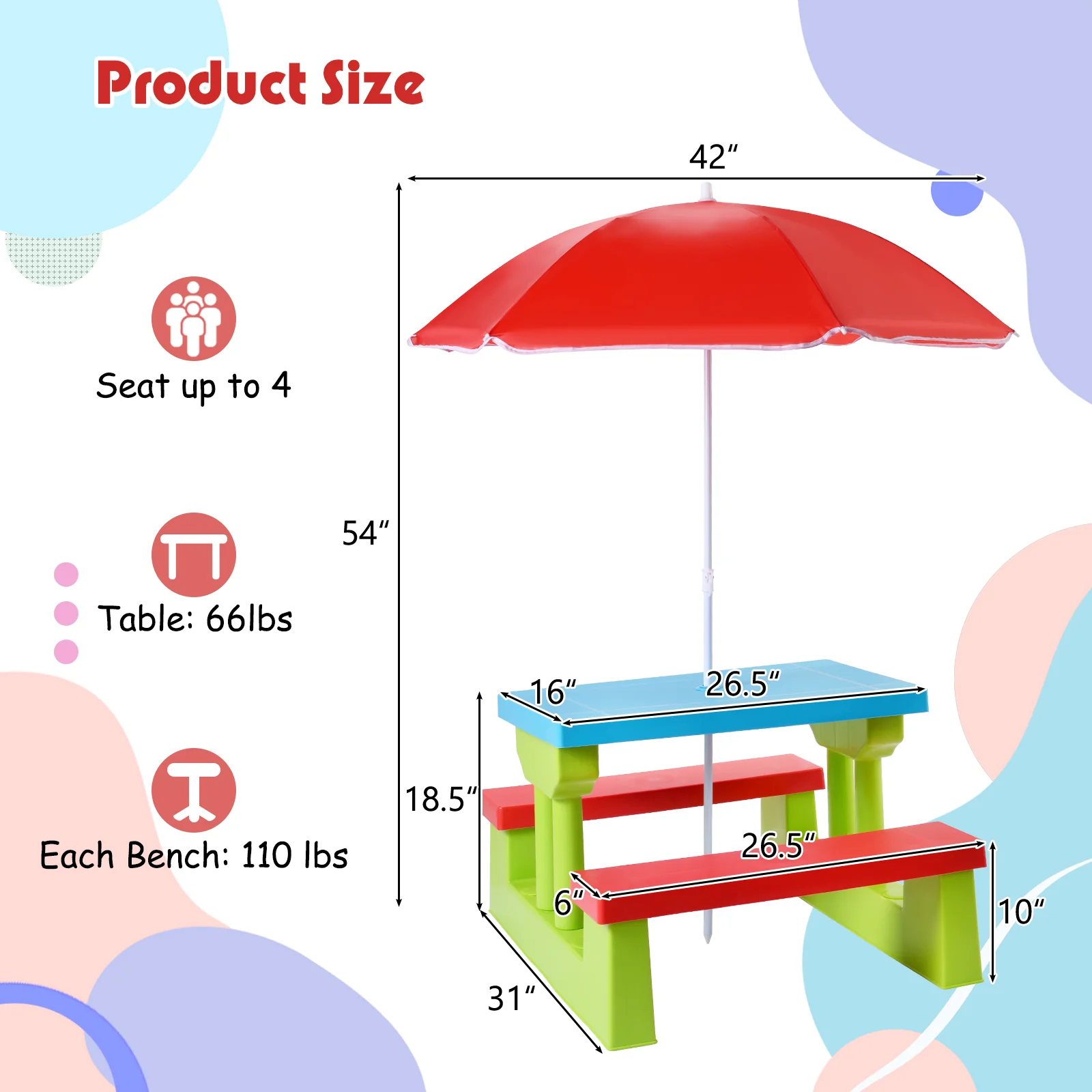 HONEY JOY Kids Picnic Table Set, Table Bench Set for Toddlers w/Removable Umbrella - Image 16