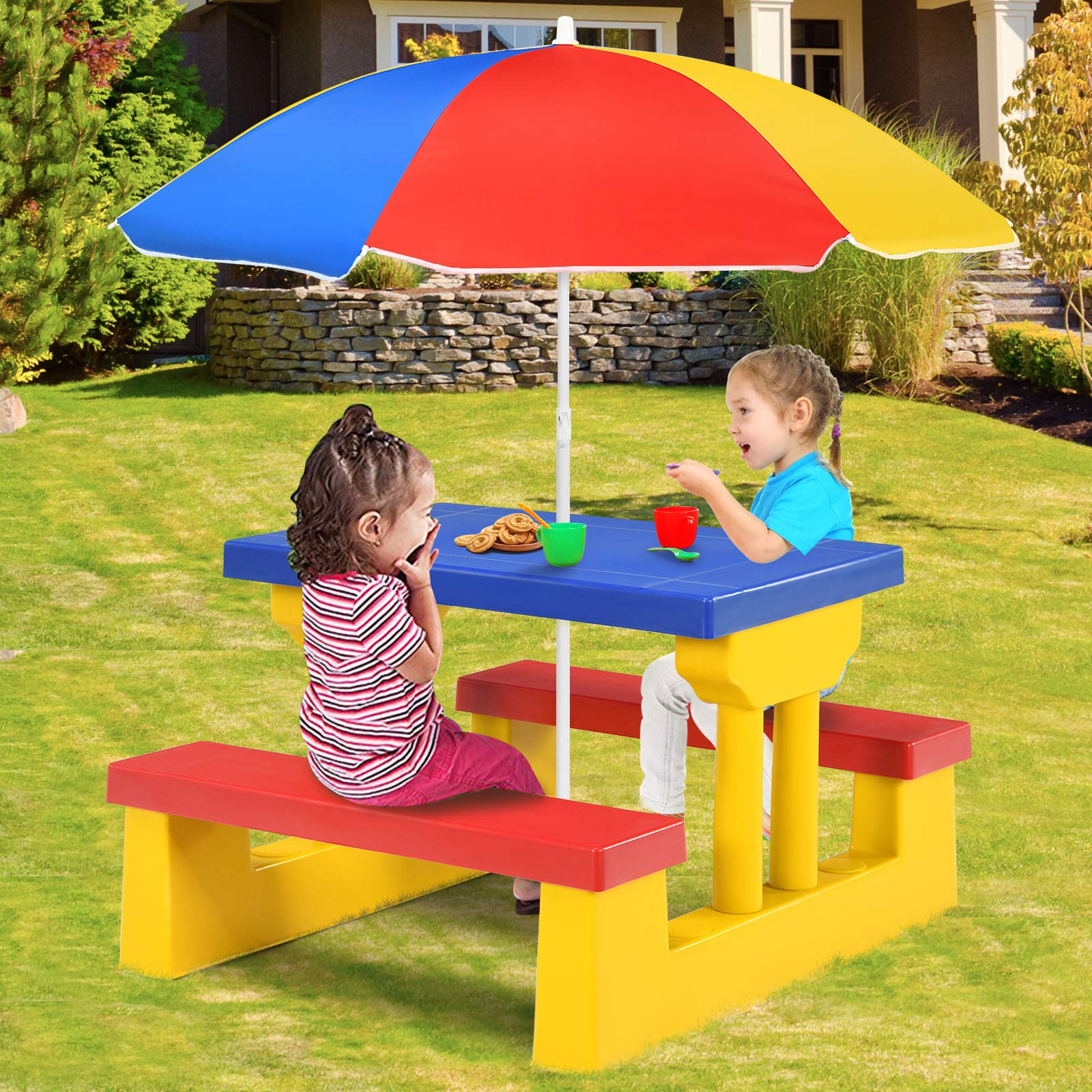 HONEY JOY Kids Picnic Table Set, Table Bench Set for Toddlers w/Removable Umbrella - Image 2