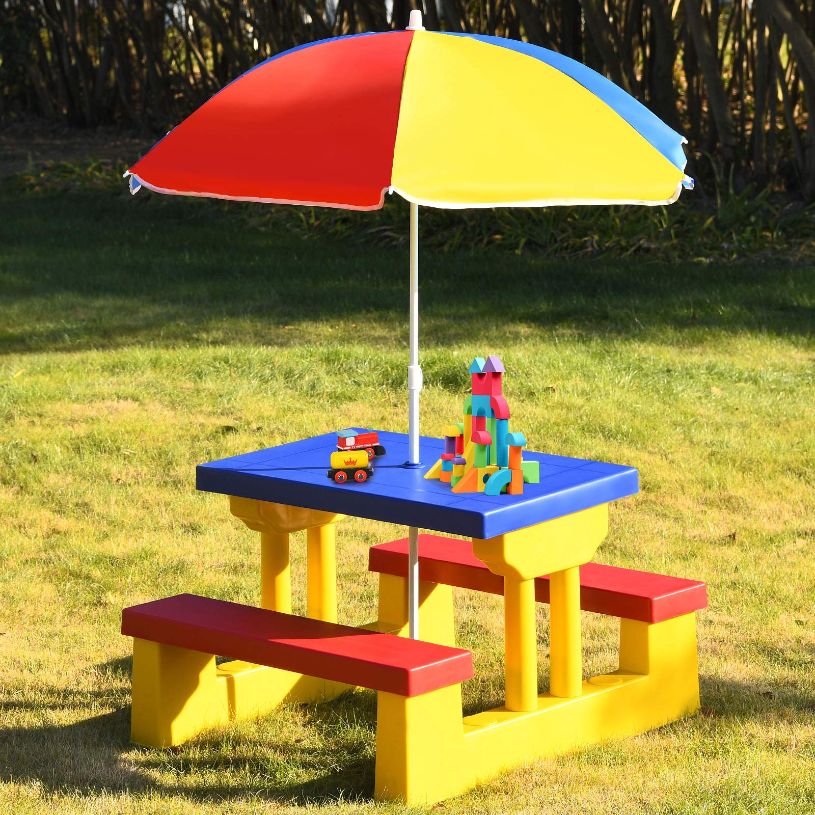 HONEY JOY Kids Picnic Table Set, Table Bench Set for Toddlers w/Removable Umbrella - Image 3