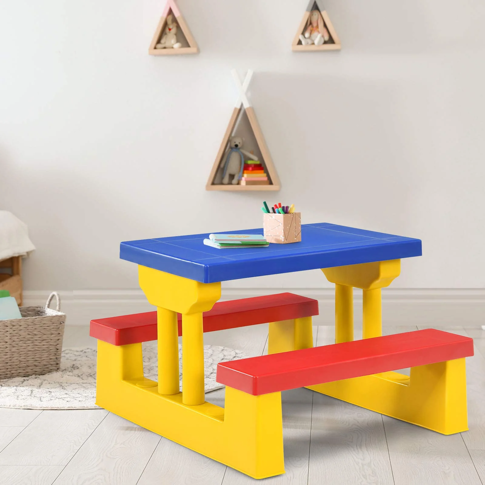HONEY JOY Kids Picnic Table Set, Table Bench Set for Toddlers w/Removable Umbrella - Image 4
