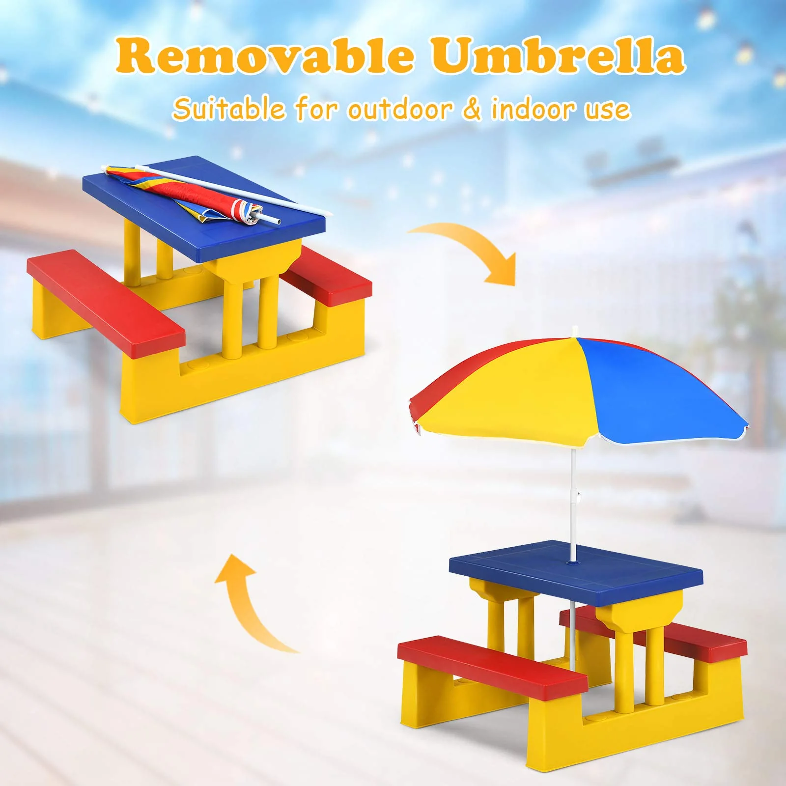 HONEY JOY Kids Picnic Table Set, Table Bench Set for Toddlers w/Removable Umbrella - Image 5