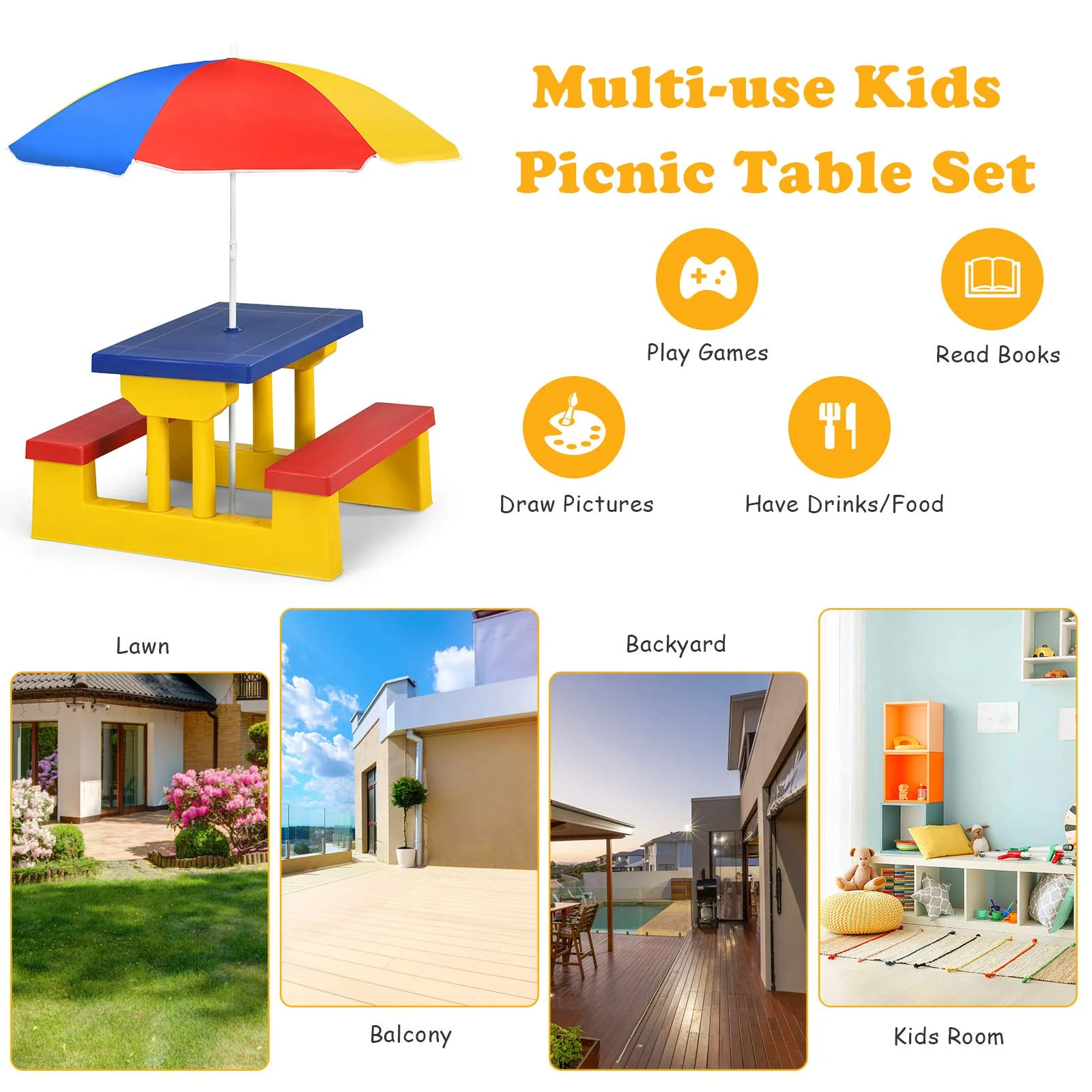 HONEY JOY Kids Picnic Table Set, Table Bench Set for Toddlers w/Removable Umbrella - Image 6