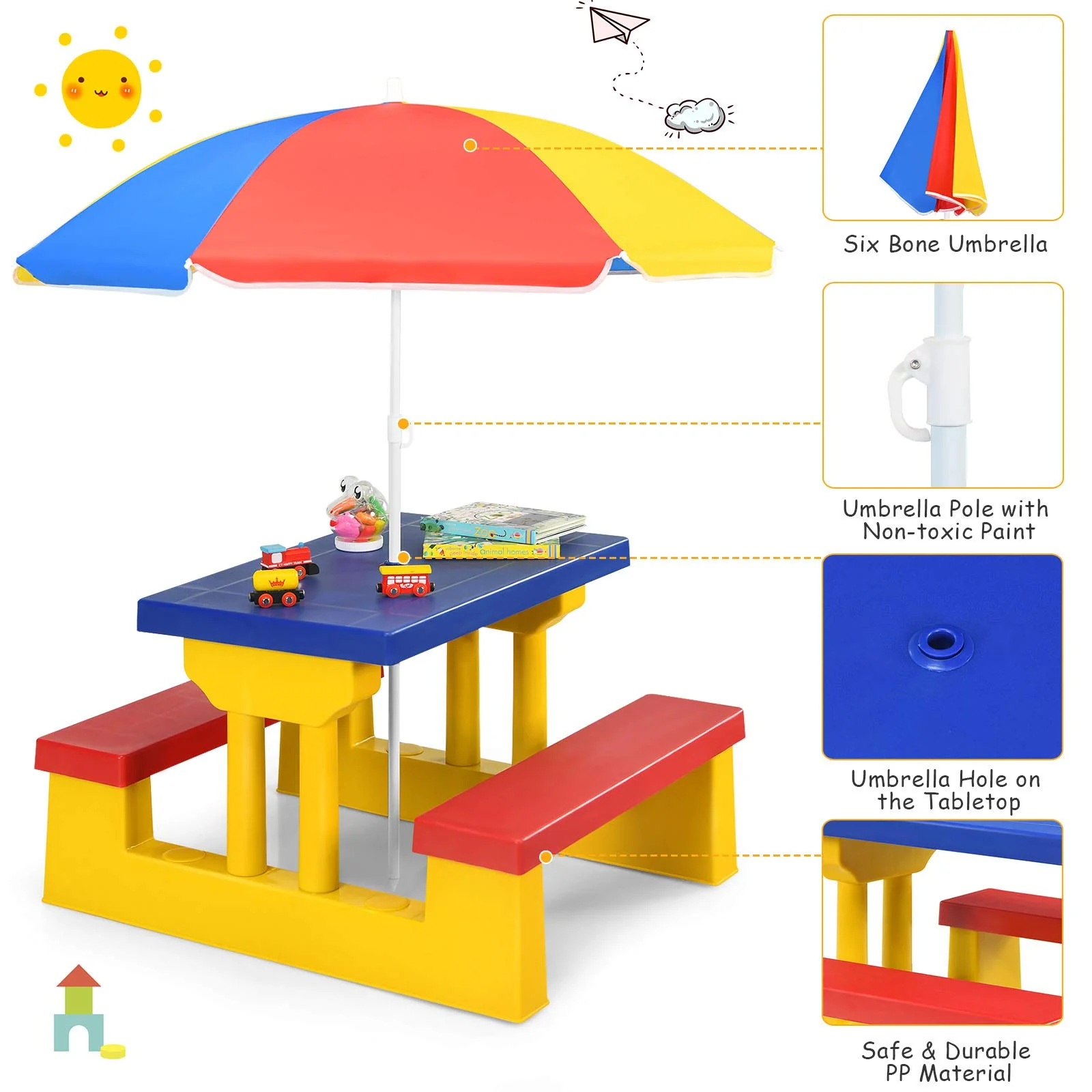 HONEY JOY Kids Picnic Table Set, Table Bench Set for Toddlers w/Removable Umbrella - Image 7