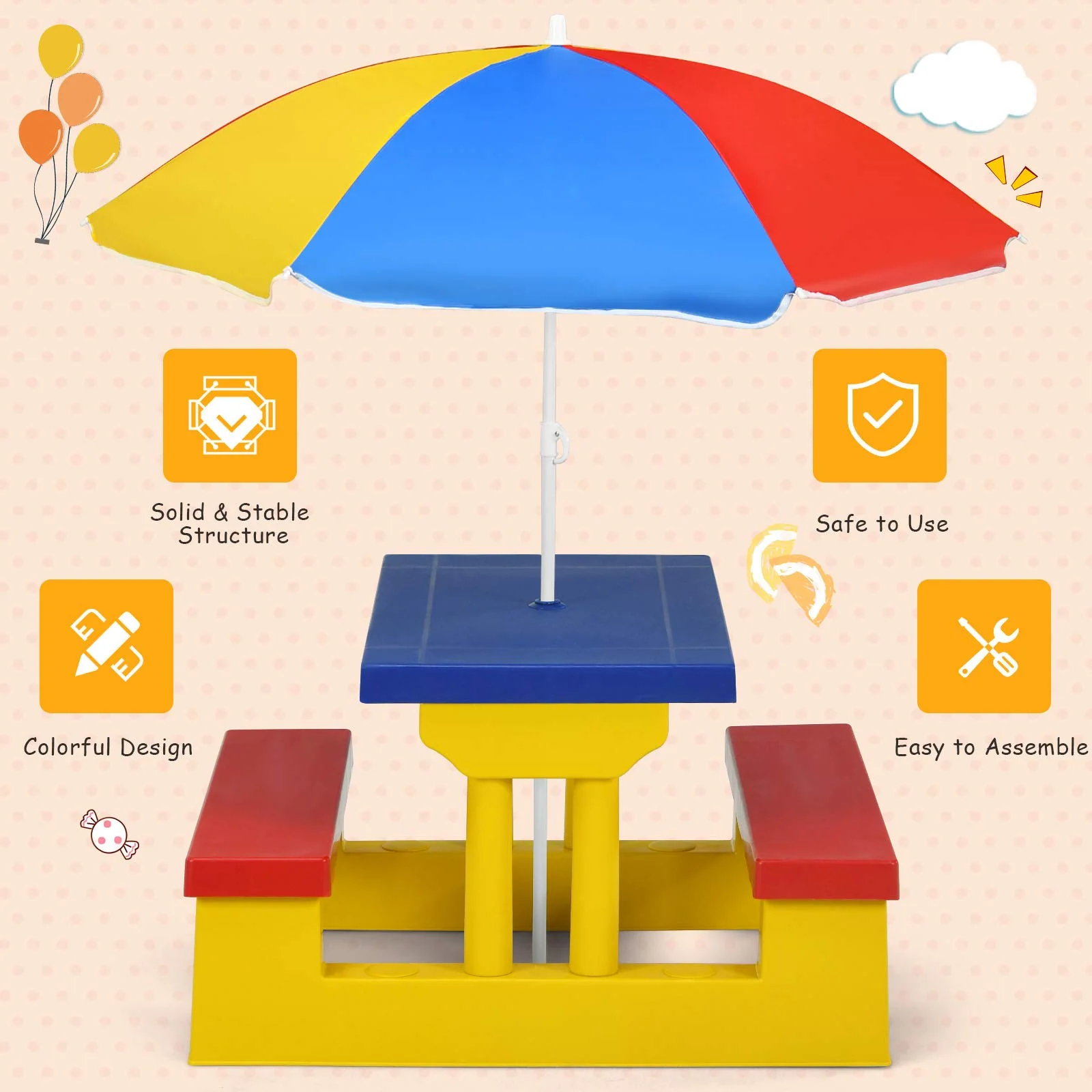 HONEY JOY Kids Picnic Table Set, Table Bench Set for Toddlers w/Removable Umbrella - Image 9