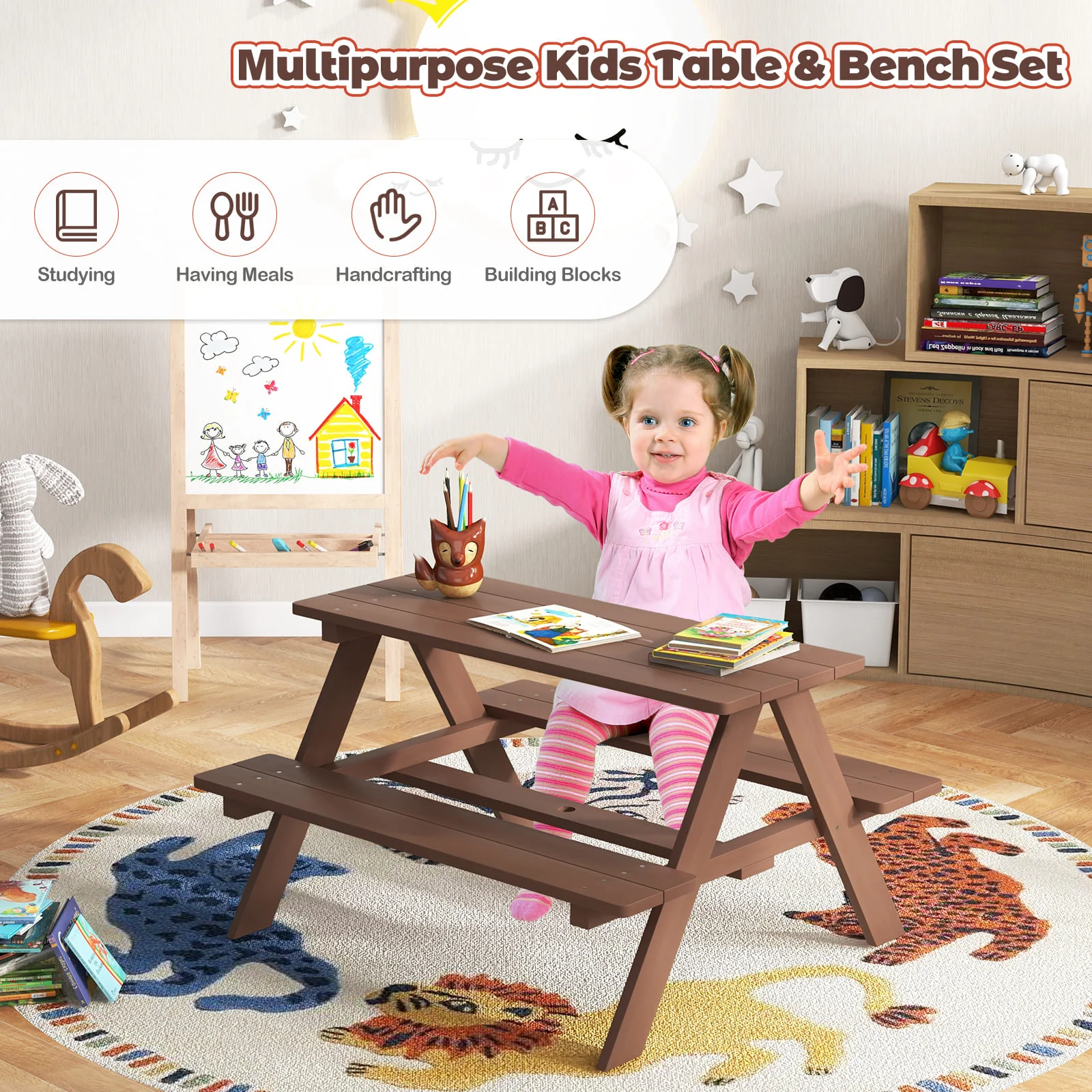 HONEY JOY Kids Picnic Table, Wooden Table & Bench Set - Image 3