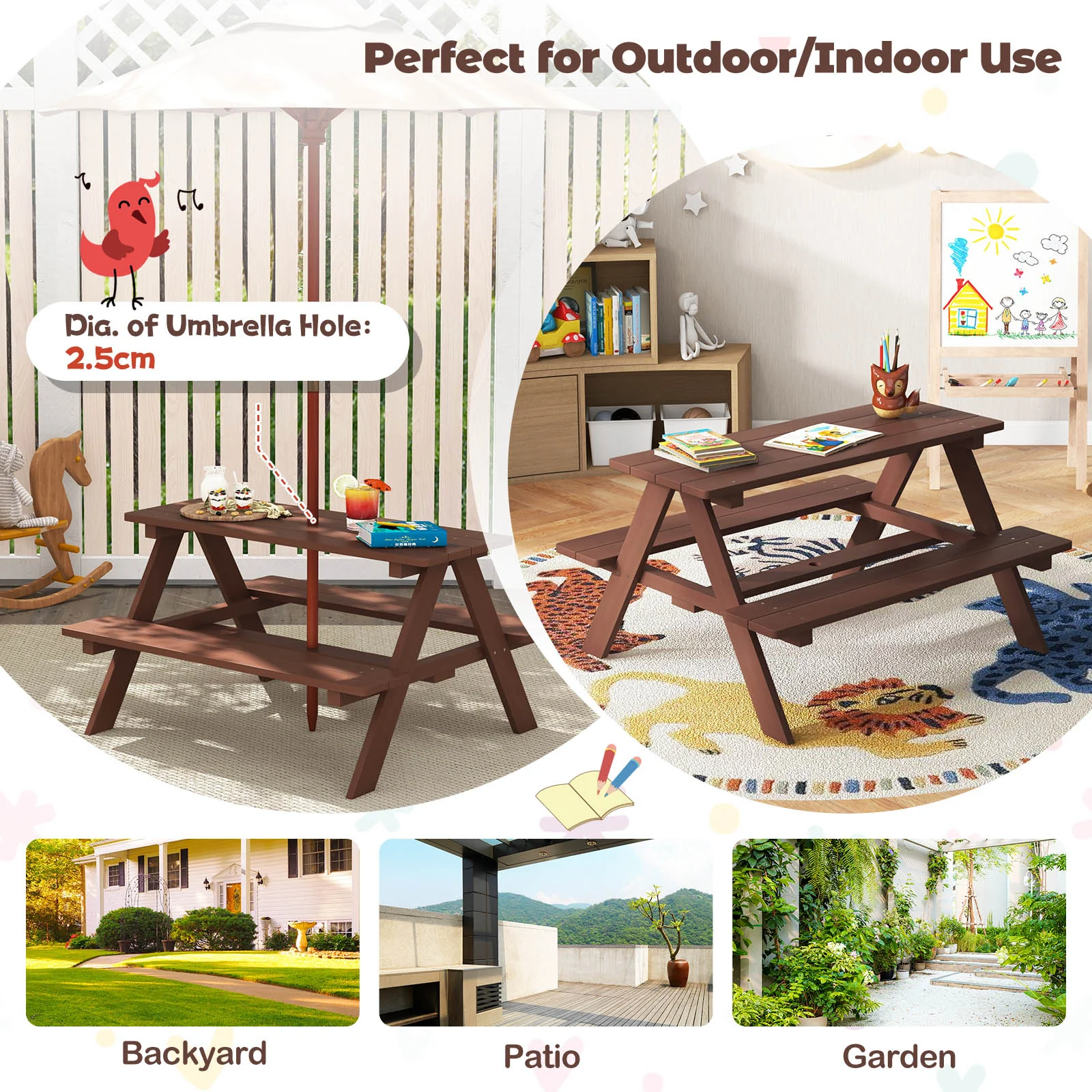 HONEY JOY Kids Picnic Table, Wooden Table & Bench Set - Image 4