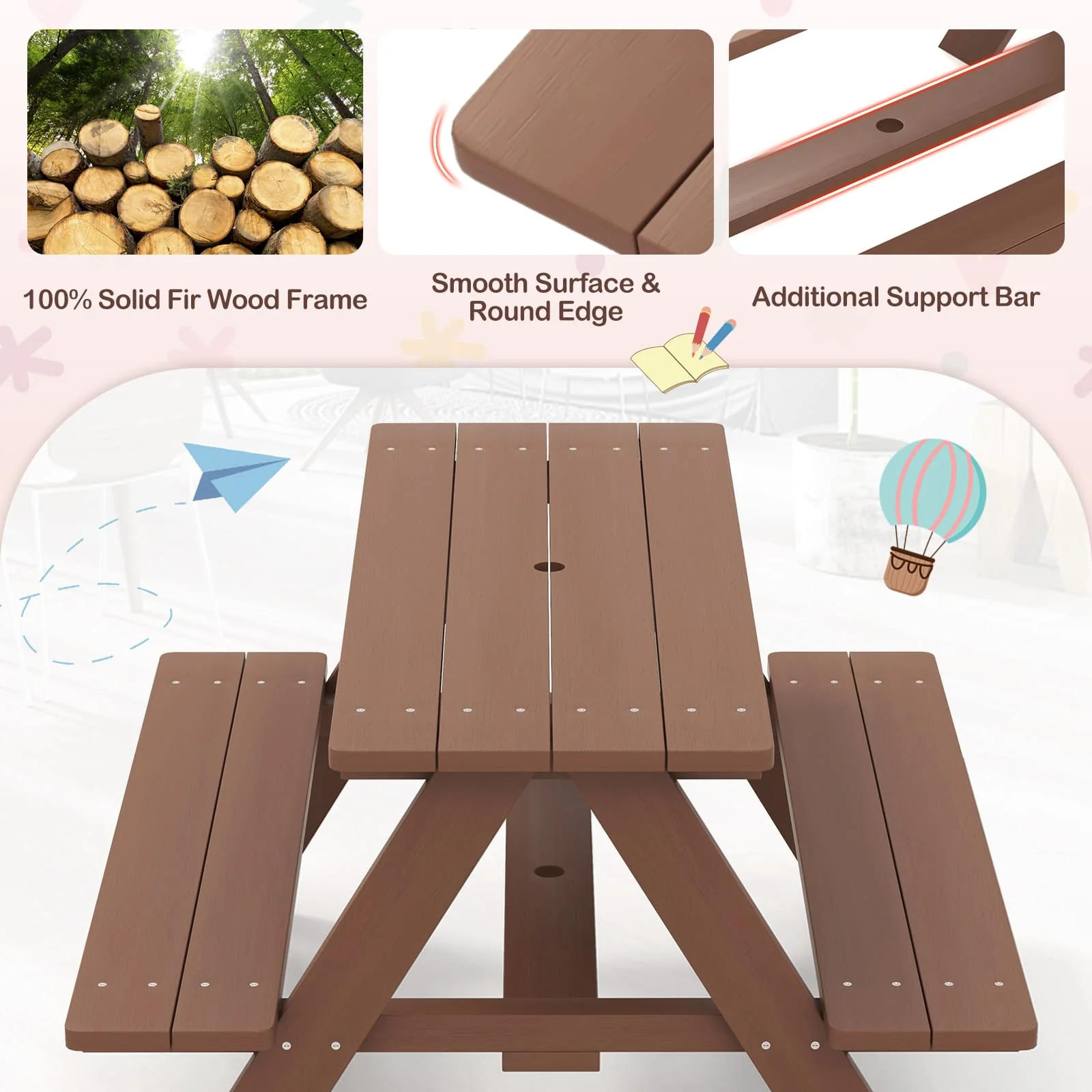 HONEY JOY Kids Picnic Table, Wooden Table & Bench Set - Image 6