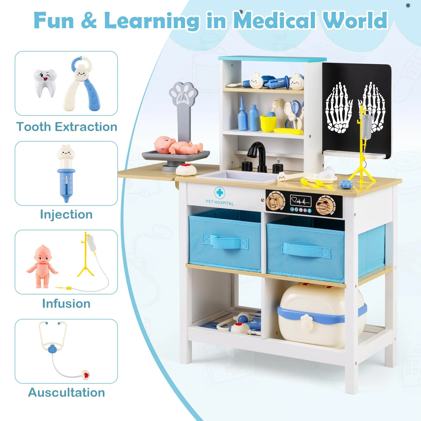 HONEY JOY Kids Play Doctor's Office w/Blackboard, Pet Scale, Faucet, Sink - Image 6