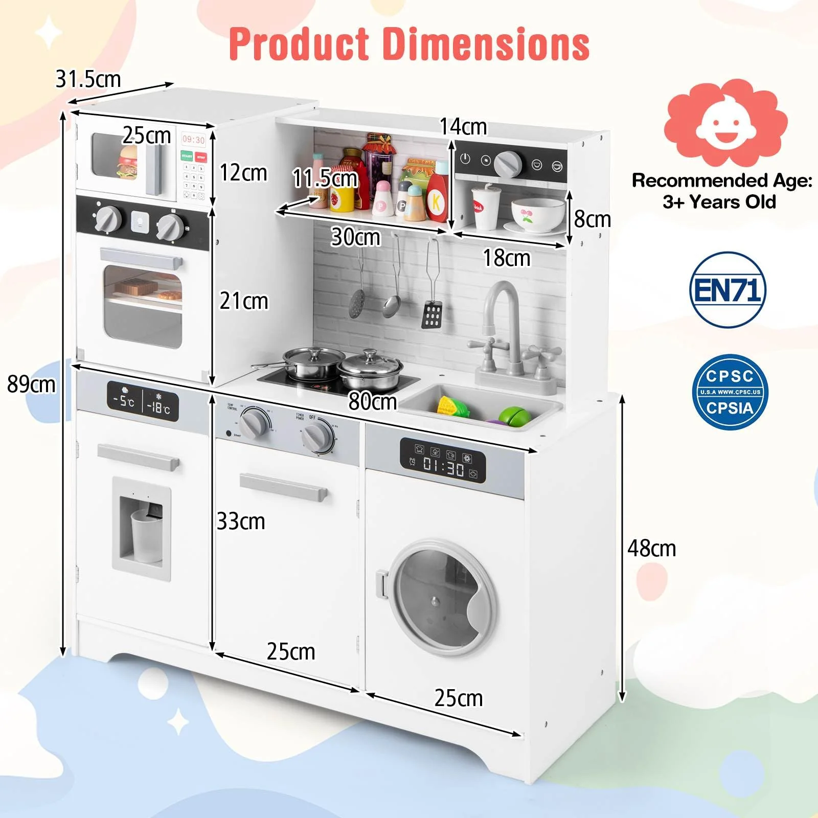 HONEY JOY Kids Play Kitchen Toy Set, Kitchen Playset w/Water Dispenser, Sink, Faucet, Microwave, Oven - Image 3