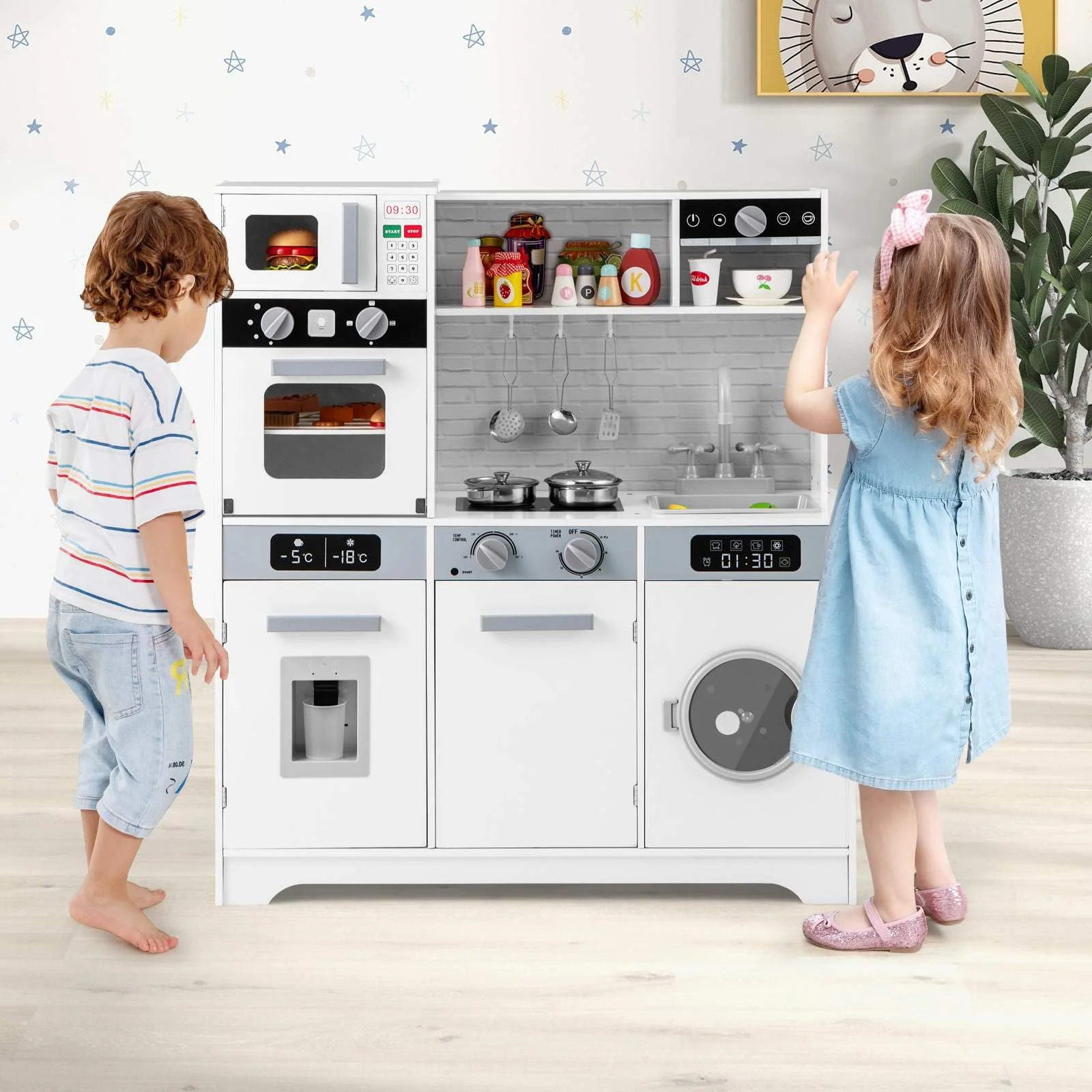 HONEY JOY Kids Play Kitchen Toy Set, Kitchen Playset w/Water Dispenser, Sink, Faucet, Microwave, Oven - Image 5