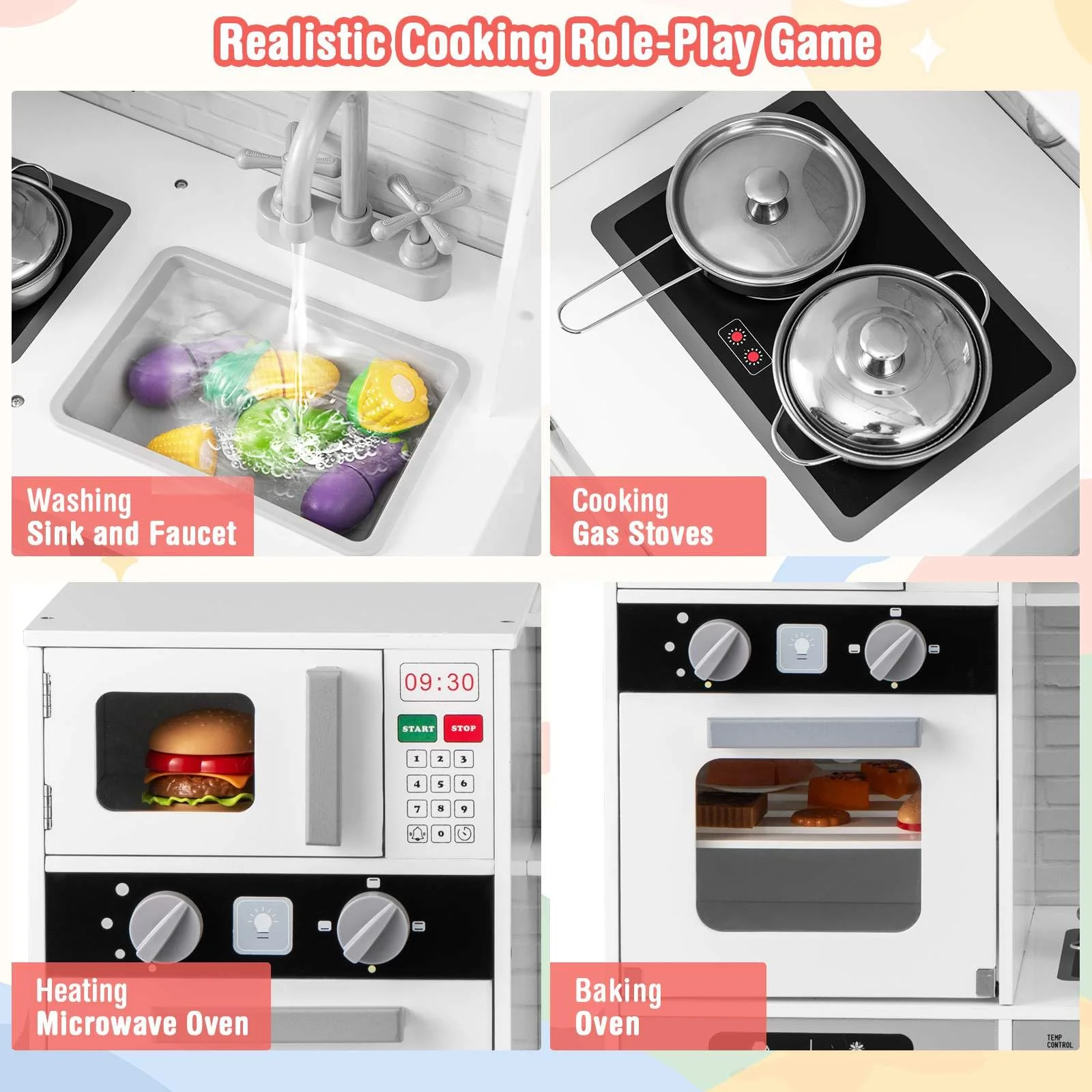 HONEY JOY Kids Play Kitchen Toy Set, Kitchen Playset w/Water Dispenser, Sink, Faucet, Microwave, Oven - Image 7