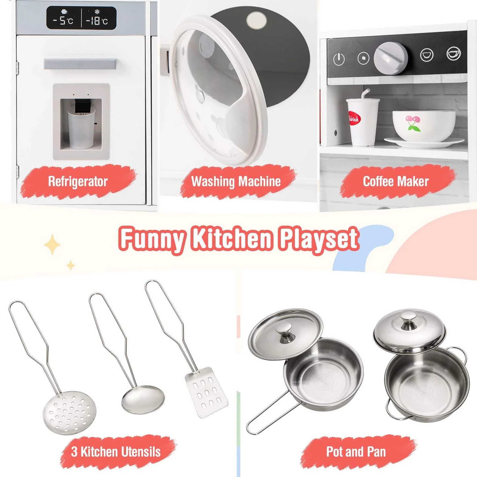 HONEY JOY Kids Play Kitchen Toy Set, Kitchen Playset w/Water Dispenser, Sink, Faucet, Microwave, Oven - Image 8