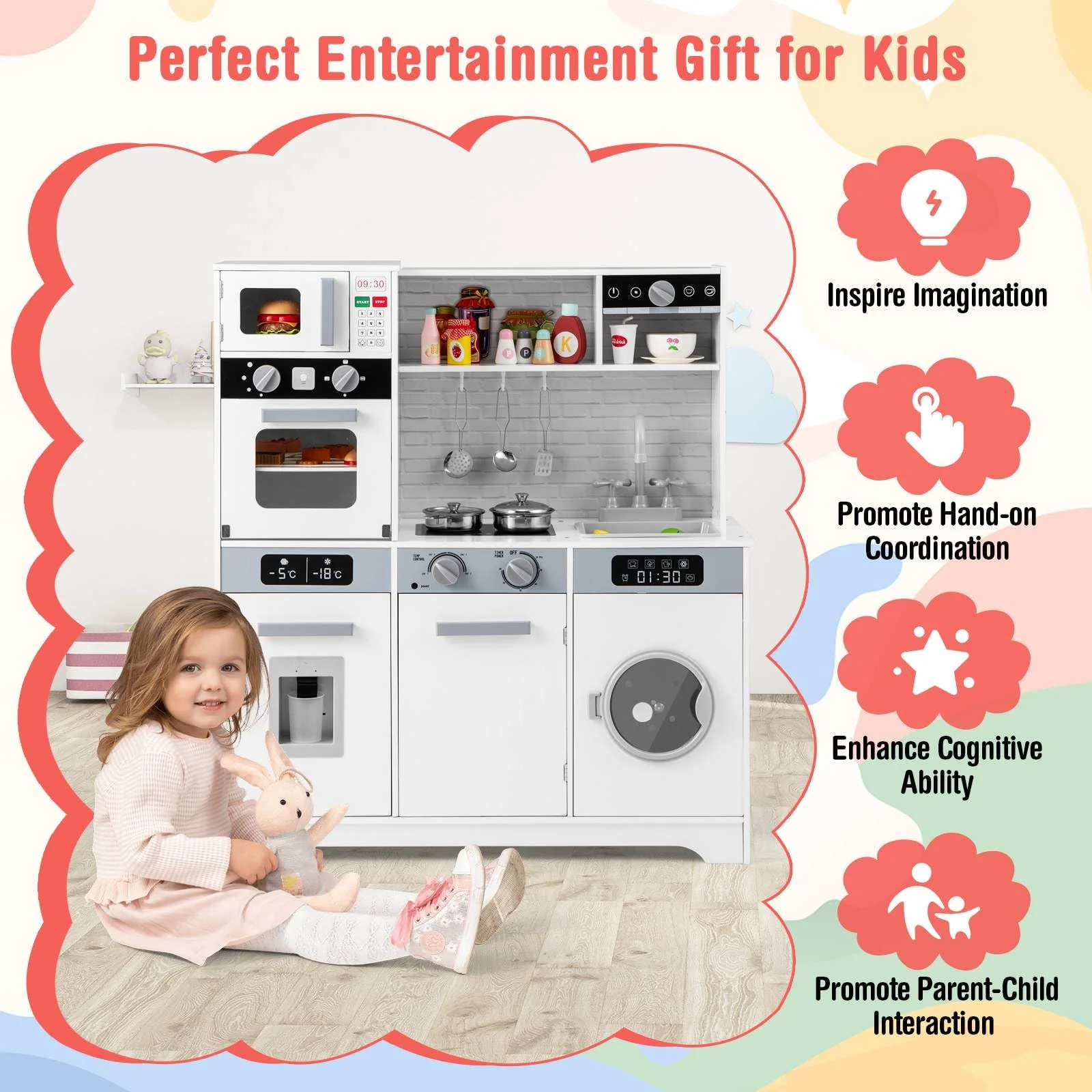HONEY JOY Kids Play Kitchen Toy Set, Kitchen Playset w/Water Dispenser, Sink, Faucet, Microwave, Oven - Image 9