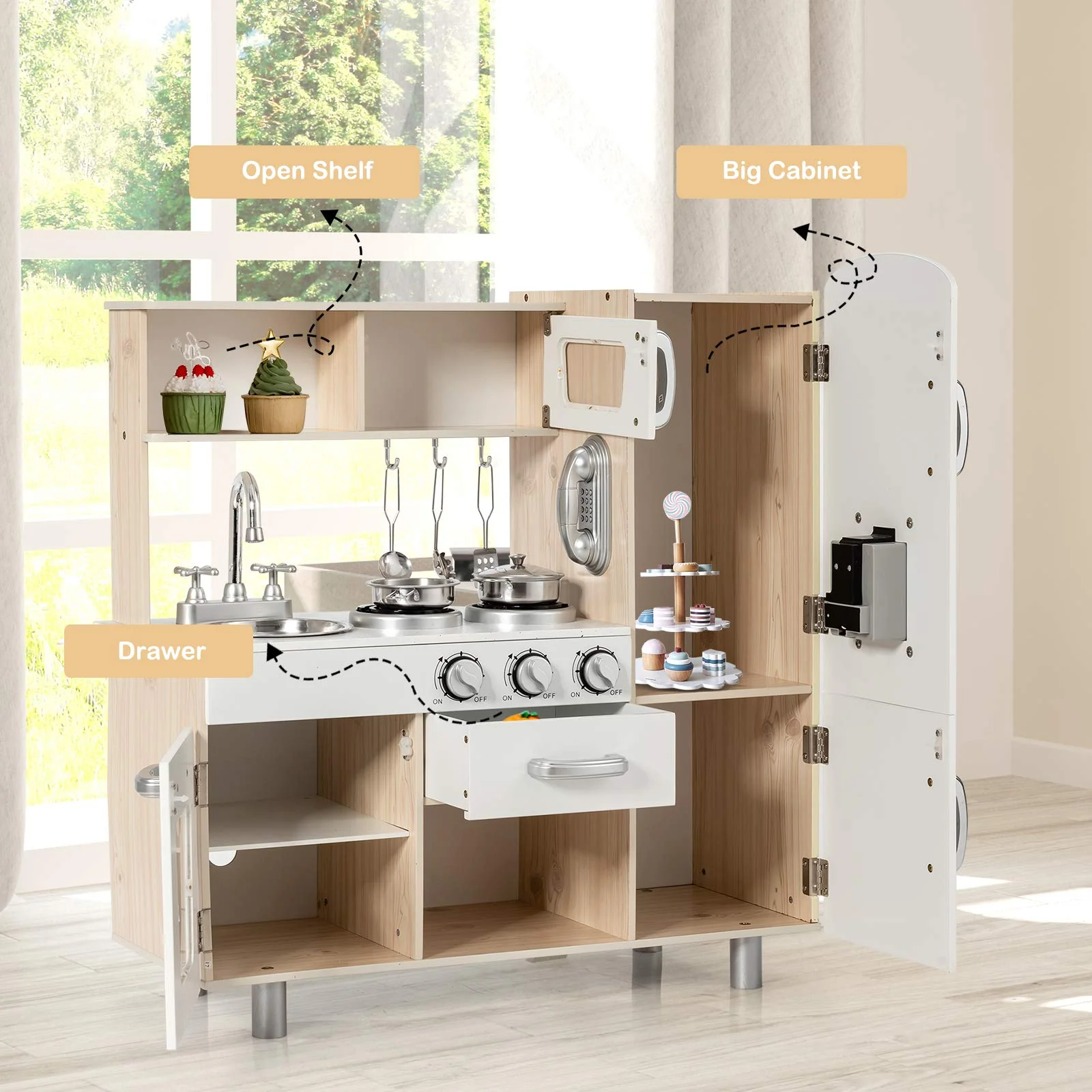 HONEY JOY Kids Play Kitchen, Wooden Pretend Cooking Playset - Image 4