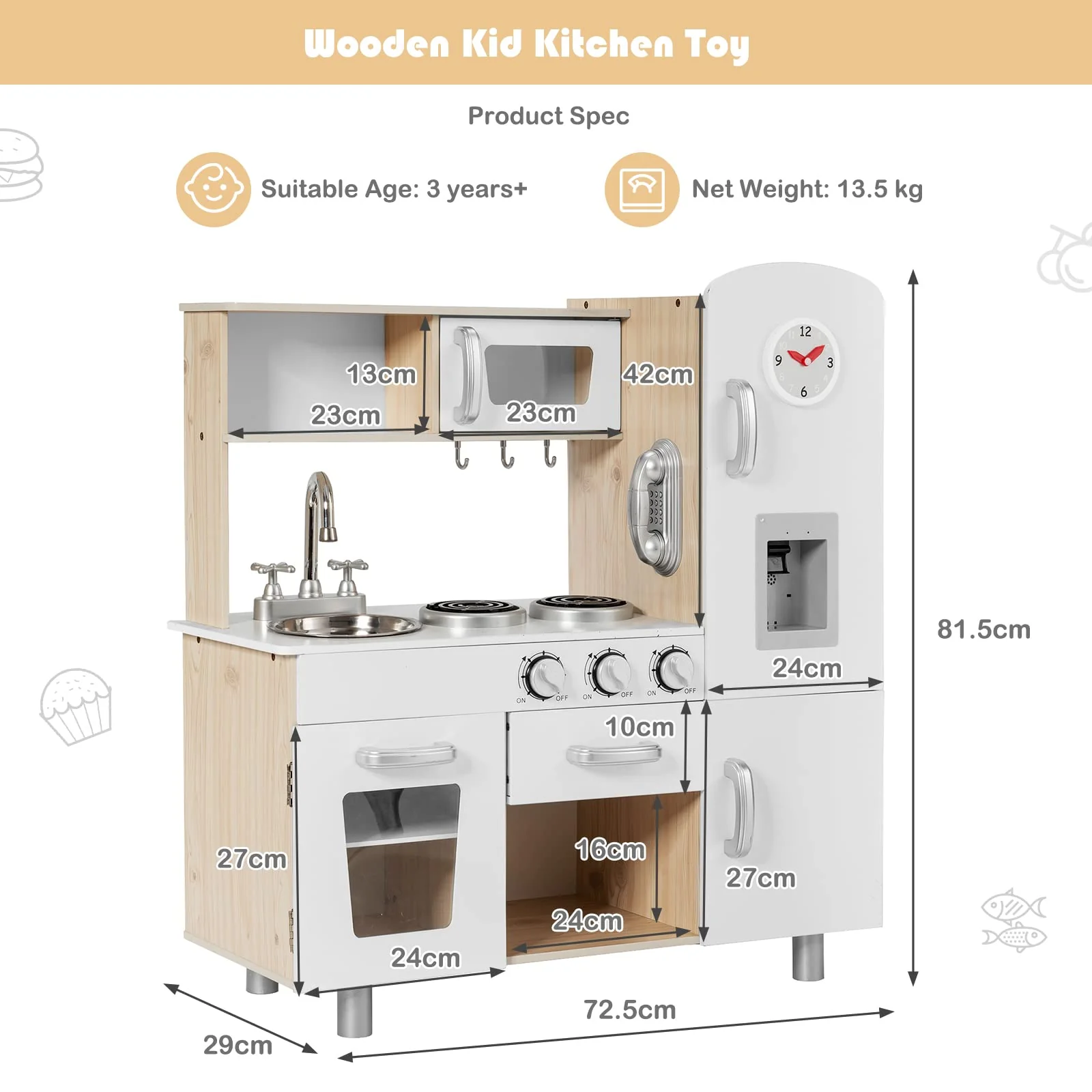 HONEY JOY Kids Play Kitchen, Wooden Pretend Cooking Playset - Image 8