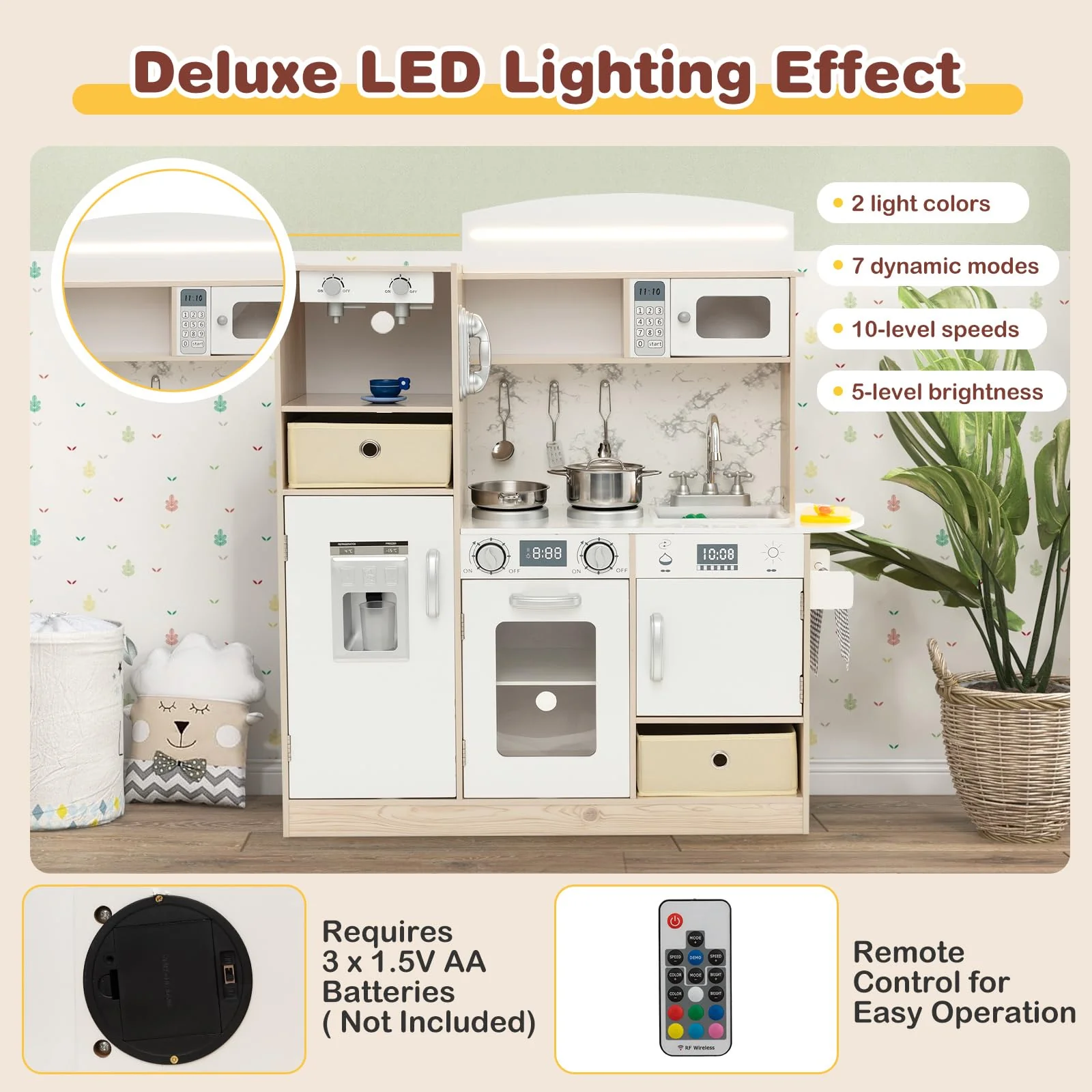 HONEY JOY Kids Play Kitchen, Wooden Pretend Kitchen Set w/Deluxe LED Lighting Effects - Image 2