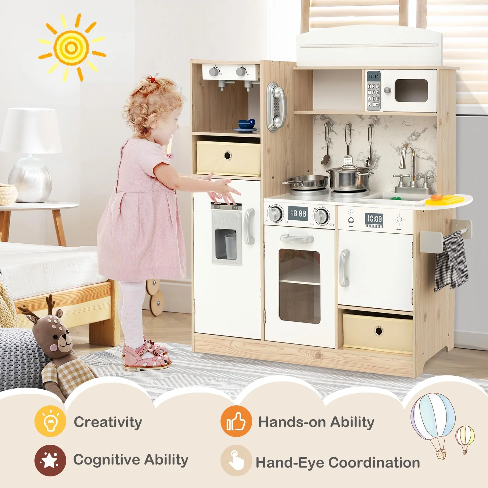 HONEY JOY Kids Play Kitchen, Wooden Pretend Kitchen Set w/Deluxe LED Lighting Effects - Image 3