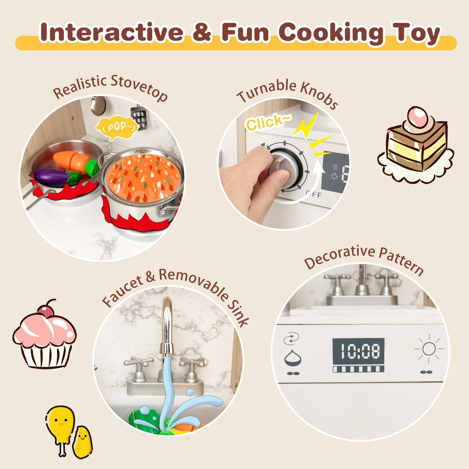 HONEY JOY Kids Play Kitchen, Wooden Pretend Kitchen Set w/Deluxe LED Lighting Effects - Image 4