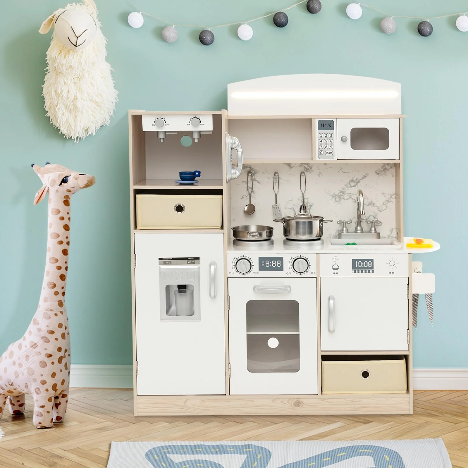 HONEY JOY Kids Play Kitchen, Wooden Pretend Kitchen Set w/Deluxe LED Lighting Effects - Image 8