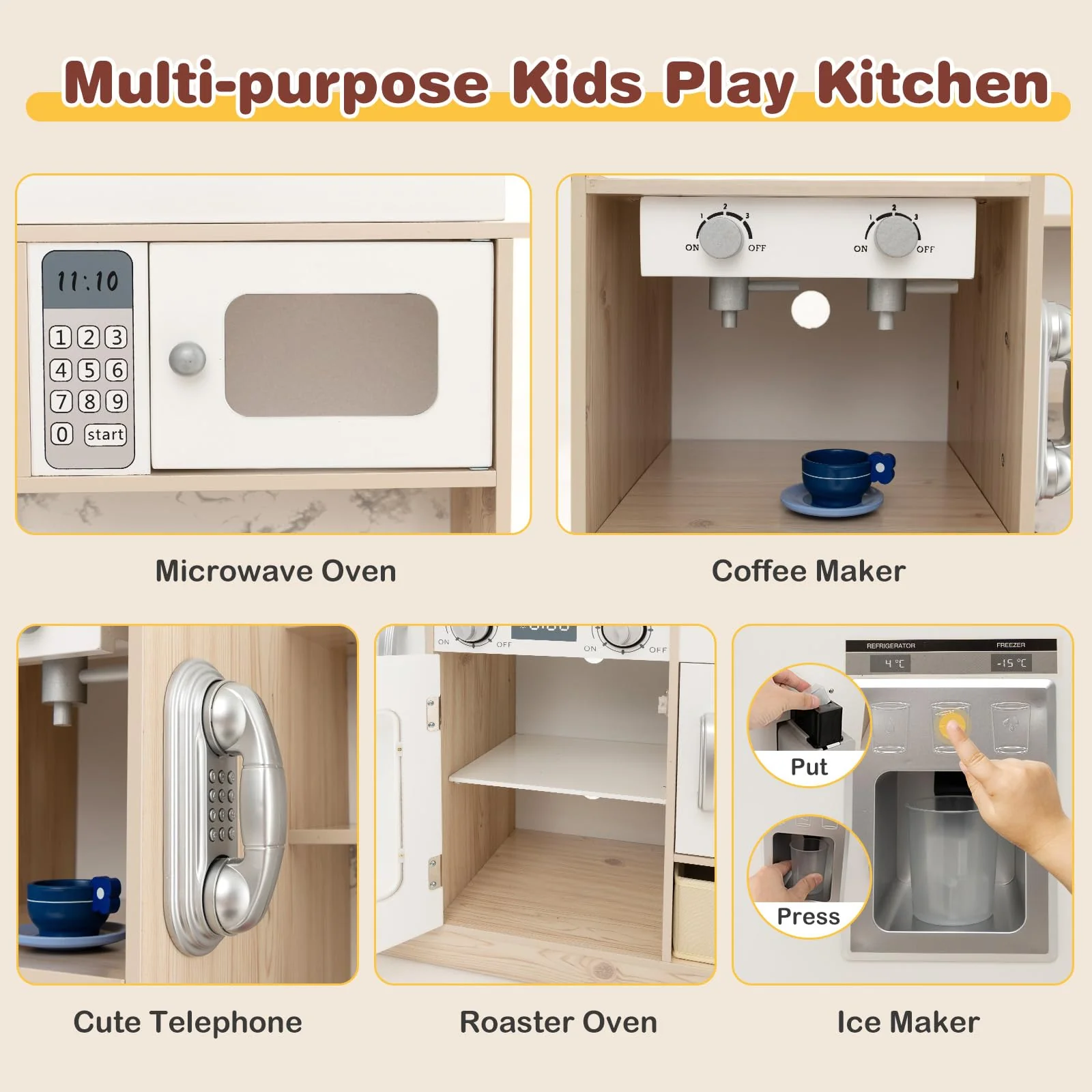 HONEY JOY Kids Play Kitchen, Wooden Pretend Kitchen Set w/Deluxe LED Lighting Effects - Image 9
