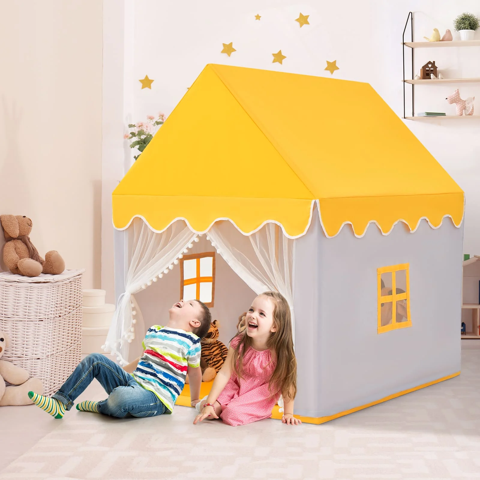 HONEY JOY Kids Play Tent, Large Playhouse for Children w/Washable Mat, Windows, Solid Wood Frame - Image 11