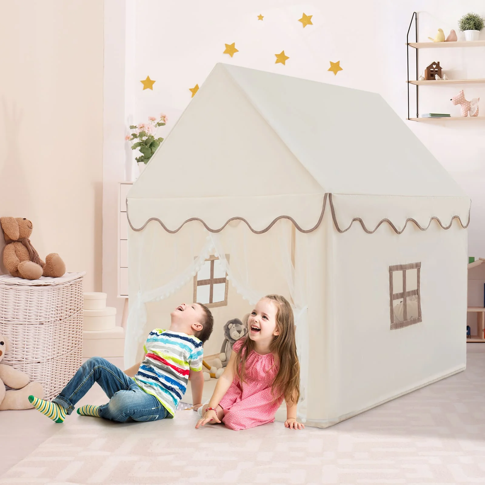 HONEY JOY Kids Play Tent, Large Playhouse for Children w/Washable Mat, Windows, Solid Wood Frame - Image 12
