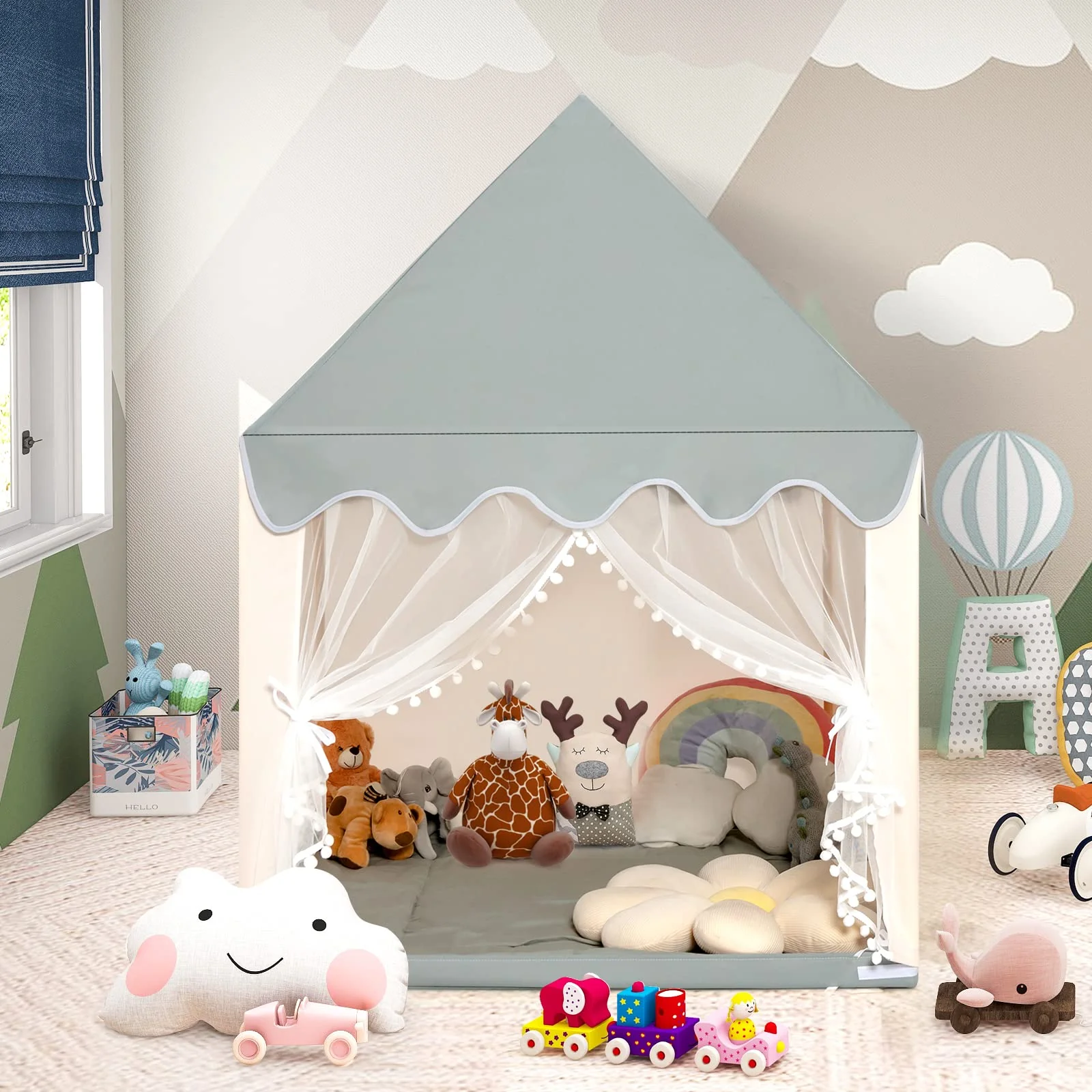 HONEY JOY Kids Play Tent, Large Playhouse for Children w/Washable Mat, Windows, Solid Wood Frame - Image 3