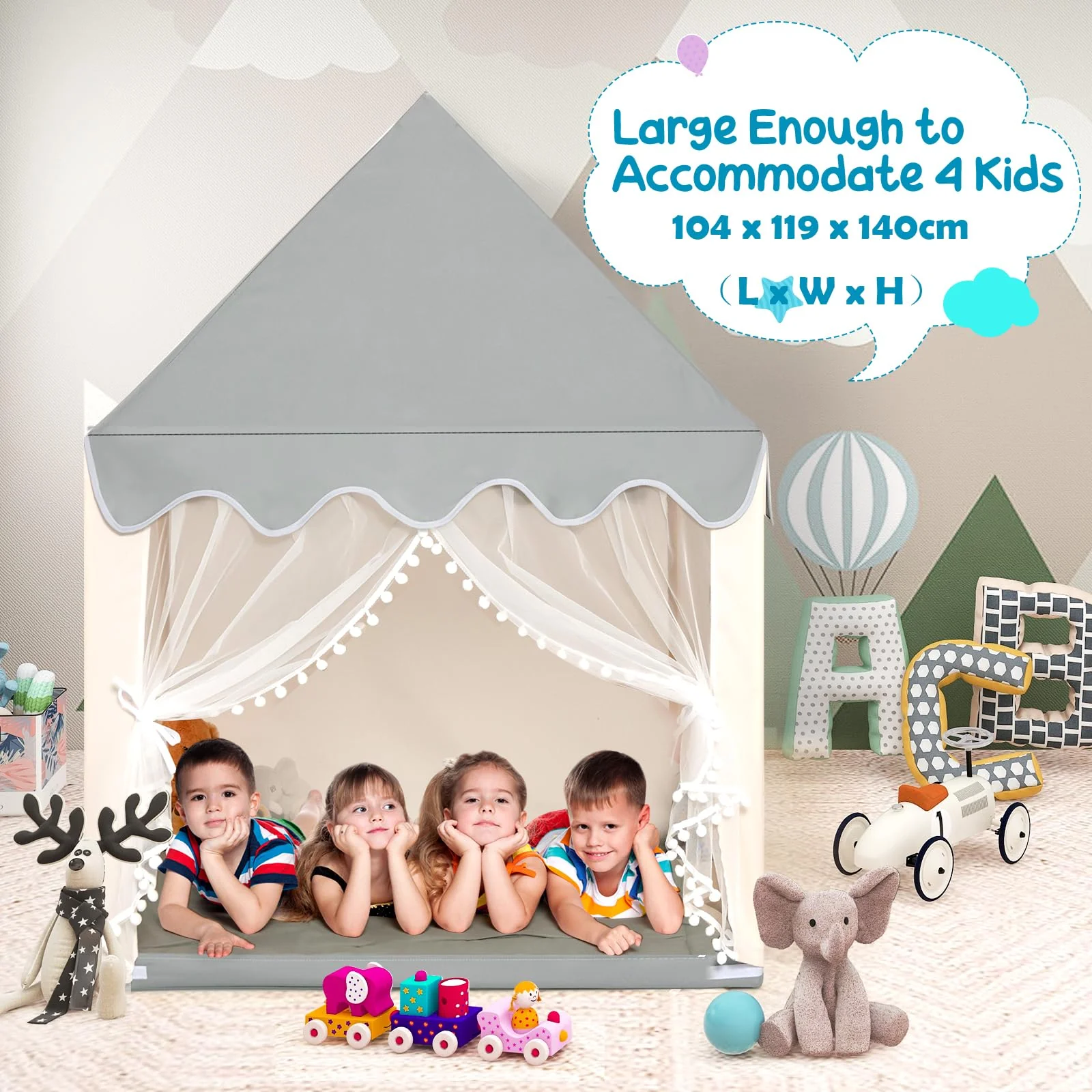 HONEY JOY Kids Play Tent, Large Playhouse for Children w/Washable Mat, Windows, Solid Wood Frame - Image 4