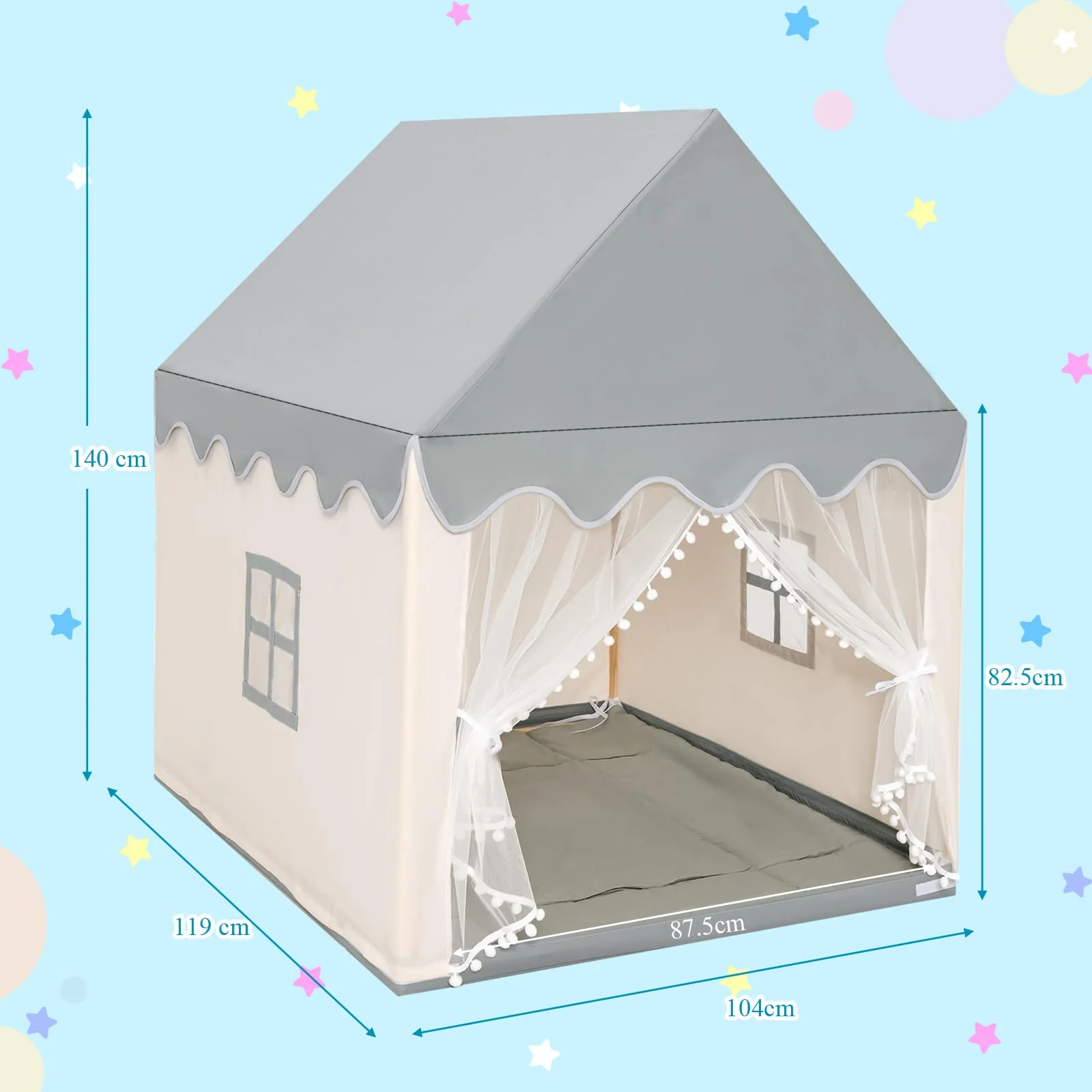 HONEY JOY Kids Play Tent, Large Playhouse for Children w/Washable Mat, Windows, Solid Wood Frame - Image 6