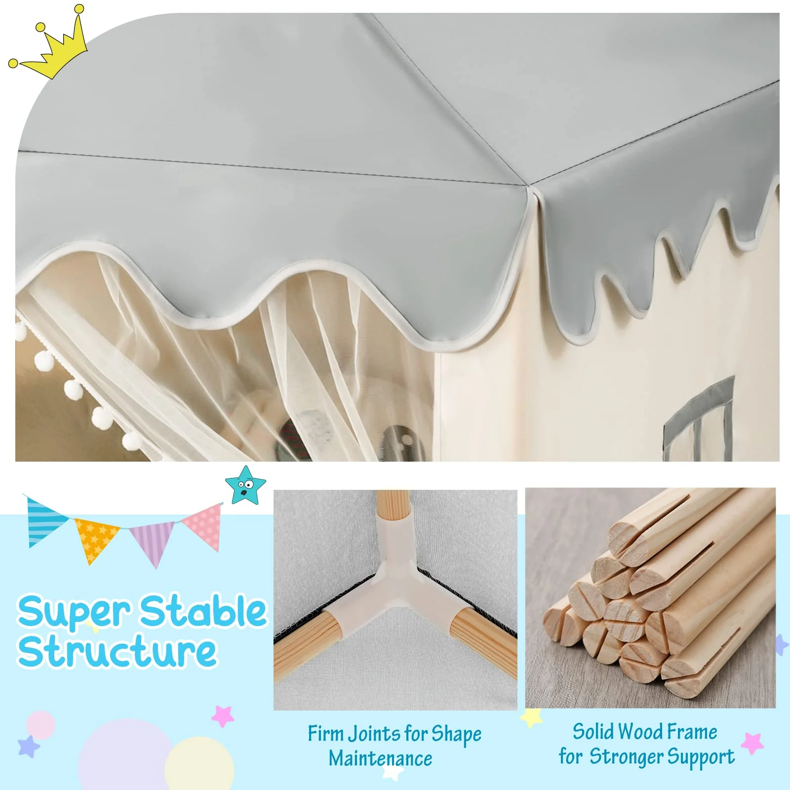 HONEY JOY Kids Play Tent, Large Playhouse for Children w/Washable Mat, Windows, Solid Wood Frame - Image 7