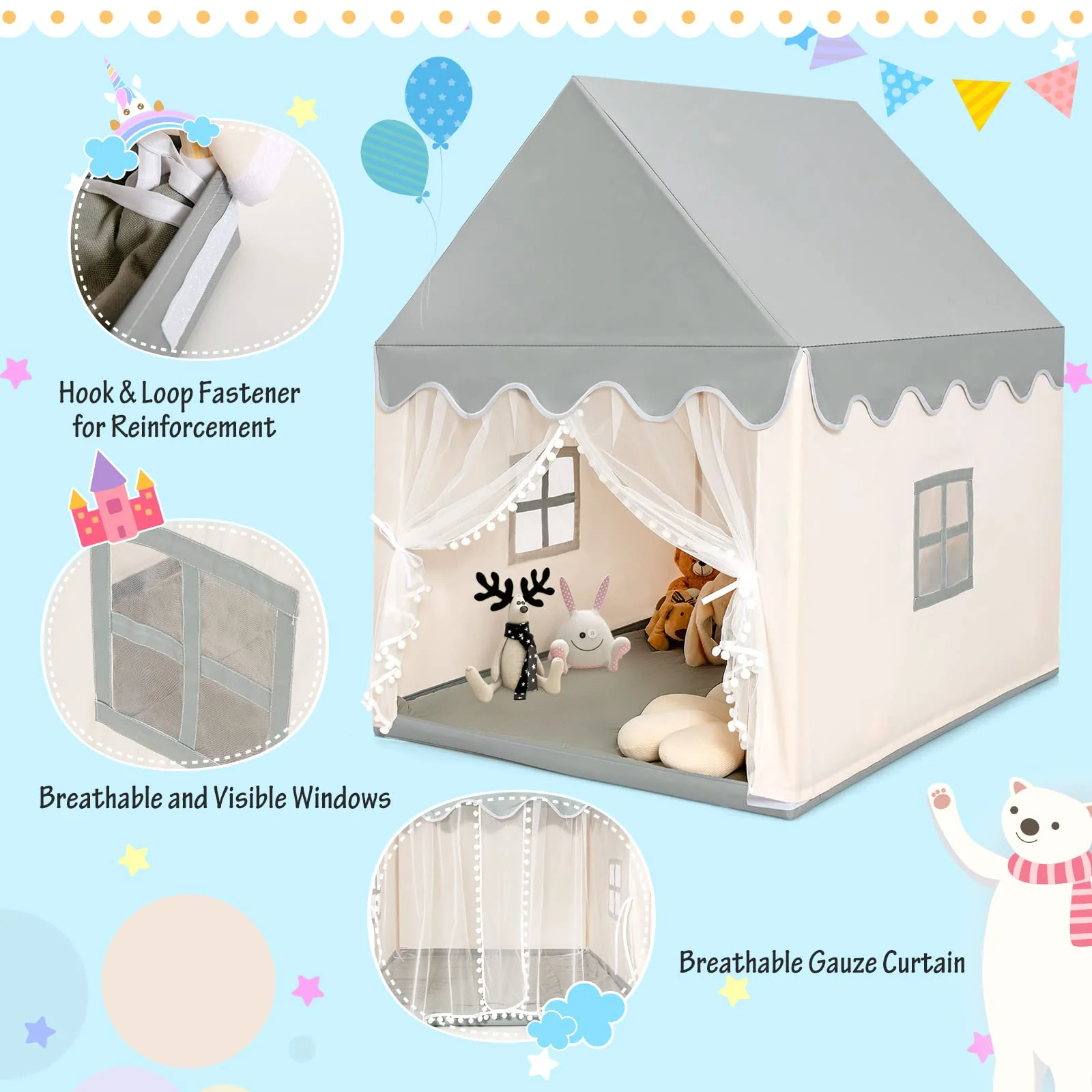 HONEY JOY Kids Play Tent, Large Playhouse for Children w/Washable Mat, Windows, Solid Wood Frame - Image 8