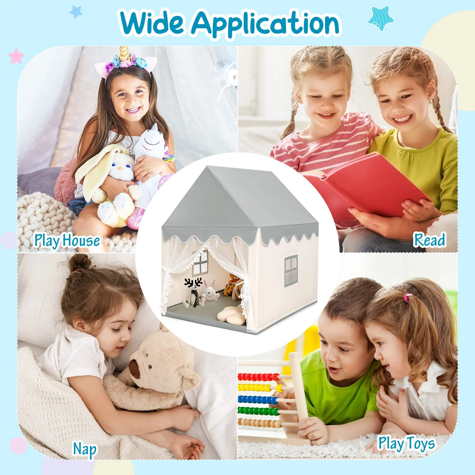 HONEY JOY Kids Play Tent, Large Playhouse for Children w/Washable Mat, Windows, Solid Wood Frame - Image 9