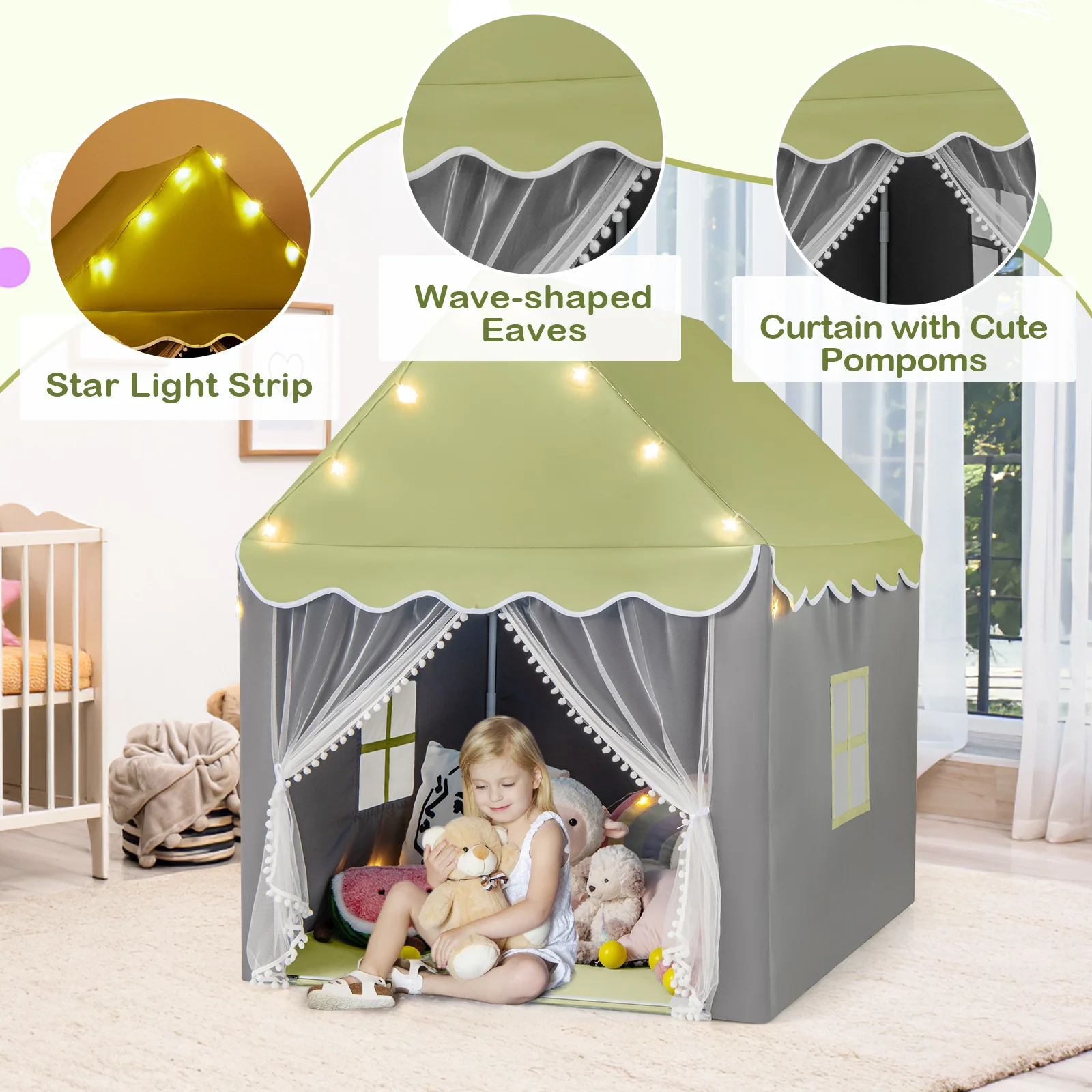 HONEY JOY Kids Play Tent, Large Playhouse with Star Ornaments - Image 5