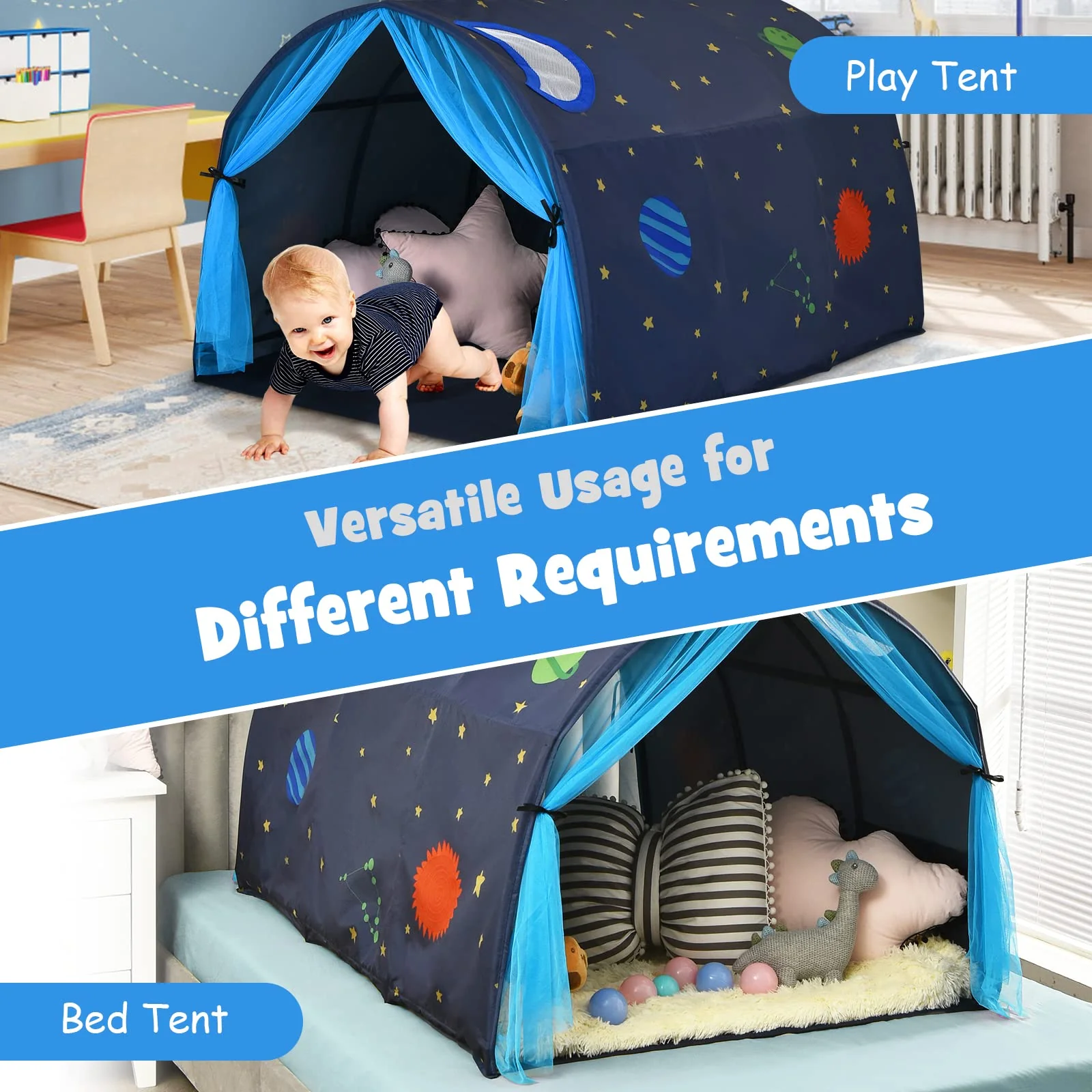 HONEY JOY Kids Play Tent, Portable Bed Tent for Children w/Double Mesh Curtain, Carrying Bag - Image 2