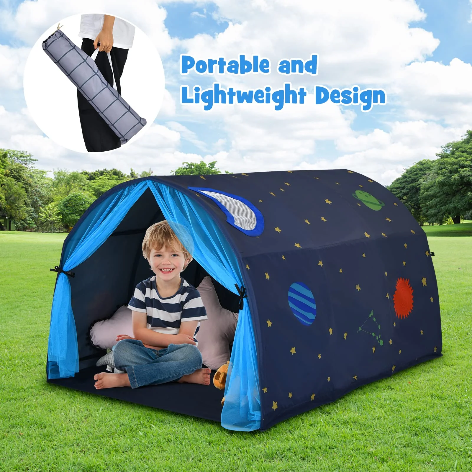 HONEY JOY Kids Play Tent, Portable Bed Tent for Children w/Double Mesh Curtain, Carrying Bag - Image 3